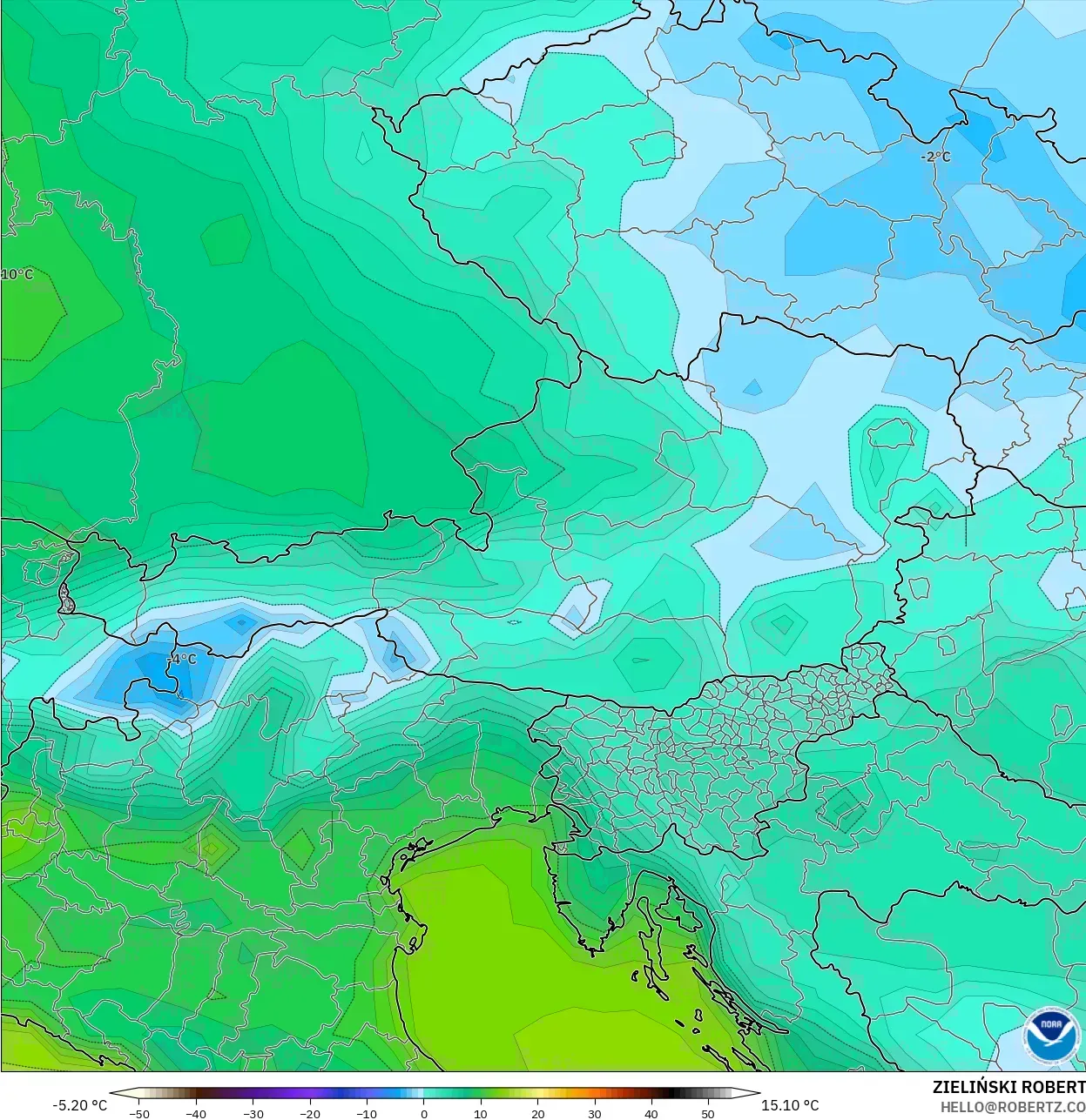 GFS model - Austria, Suhu pada 2 m