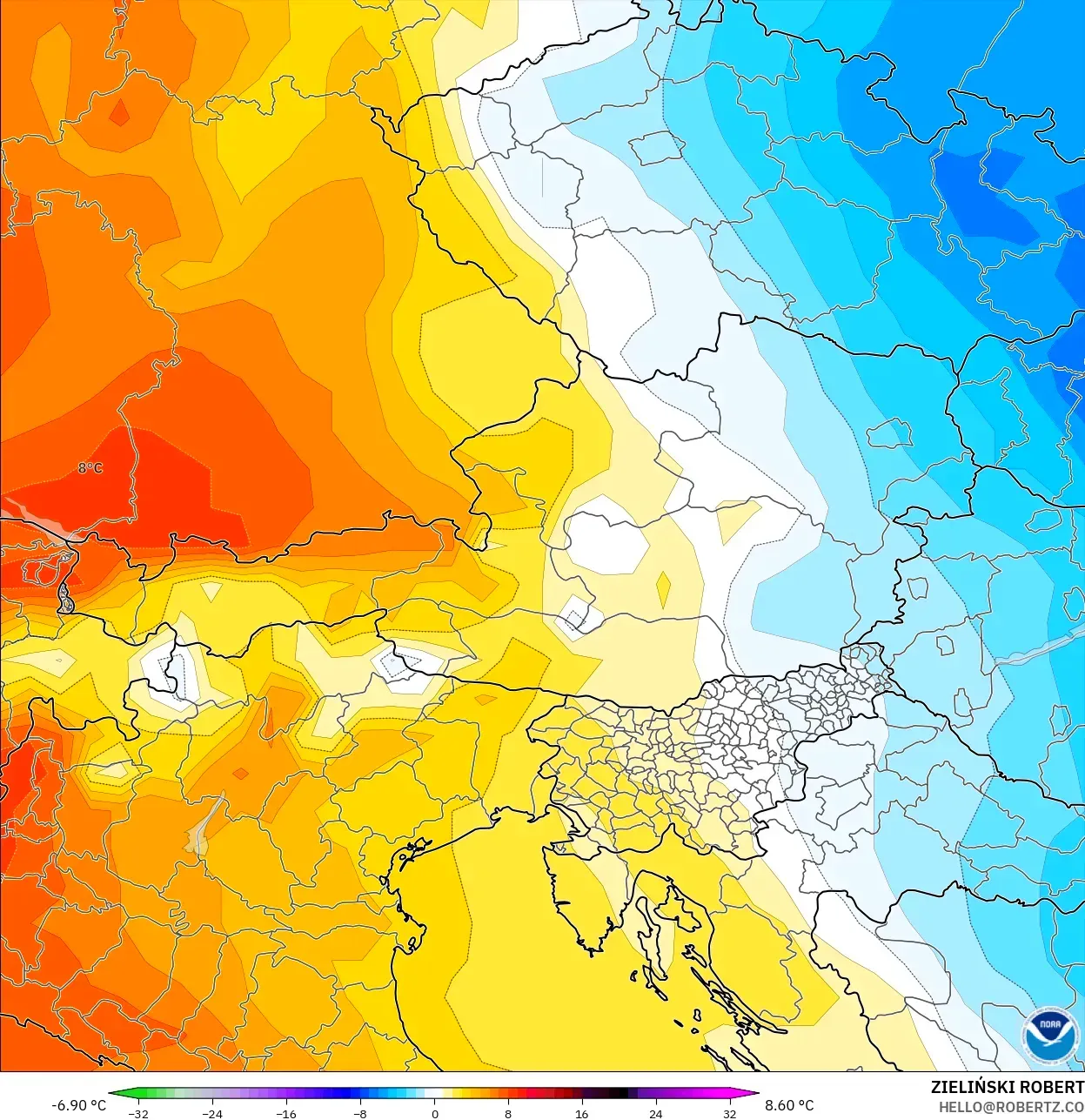 GFS model - Austria, Anomali Suhu 850 hPa