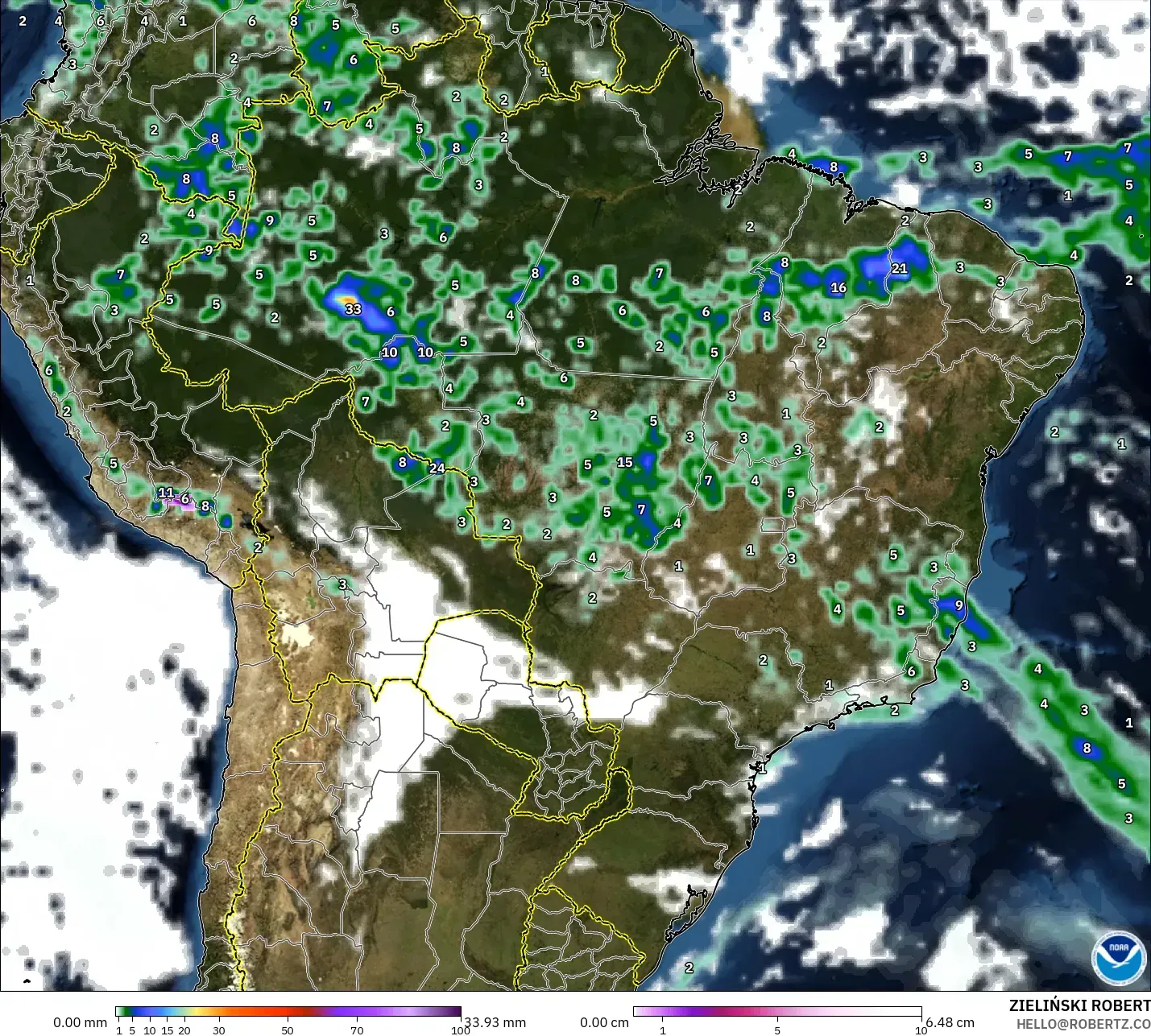 GFS model - Brazil, Hujan, Awan dan Tekanan