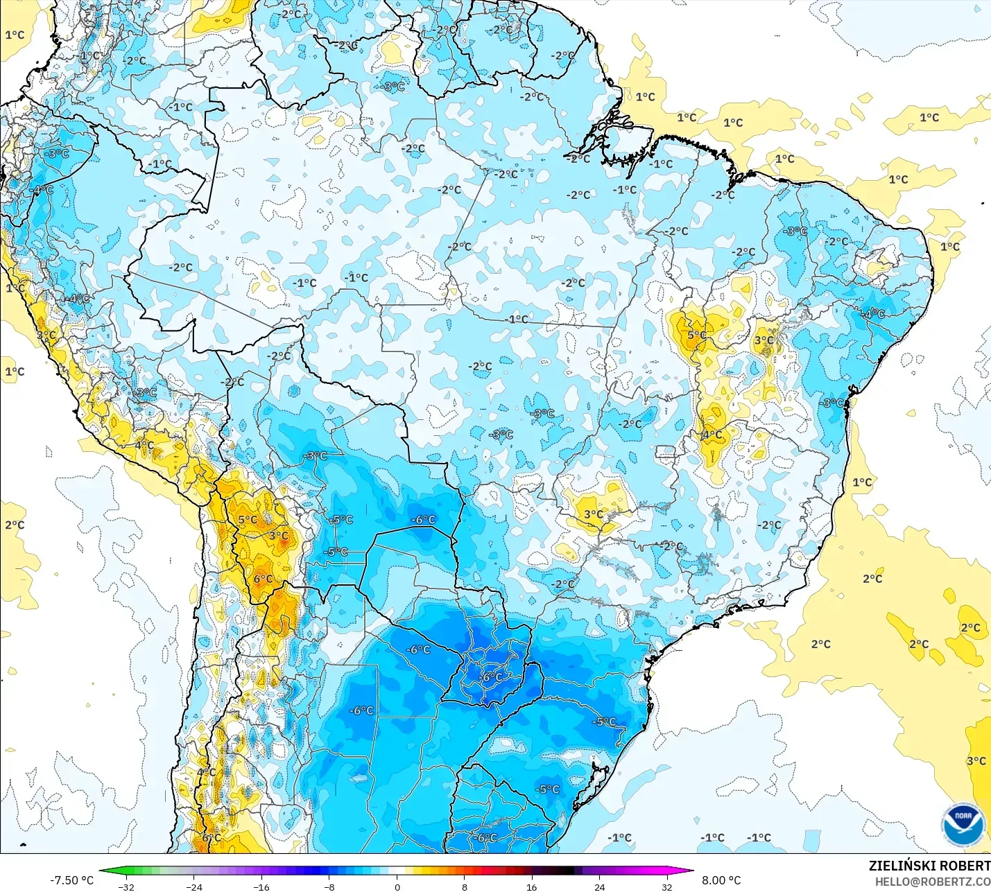 GFS modelo - Brazil, Temperature at 2m Anomaly