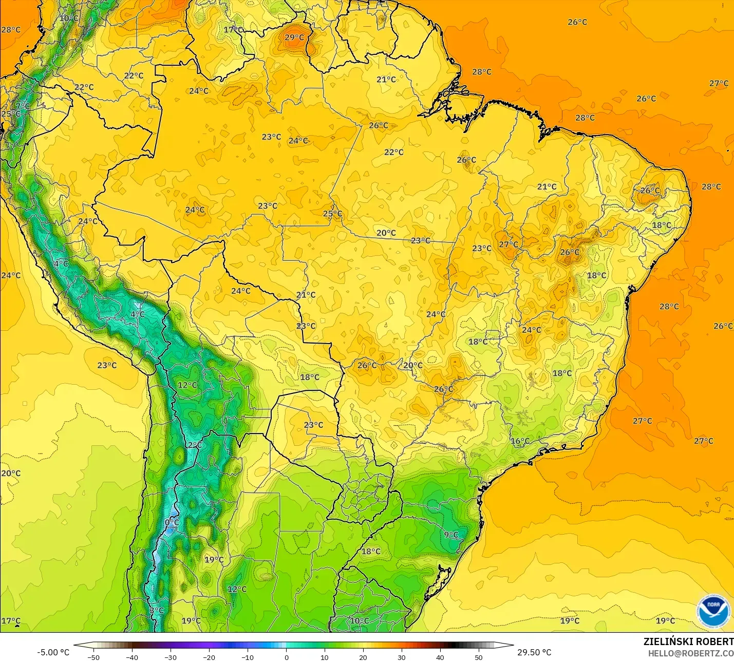 GFS model - Brazil, Suhu pada 2 m