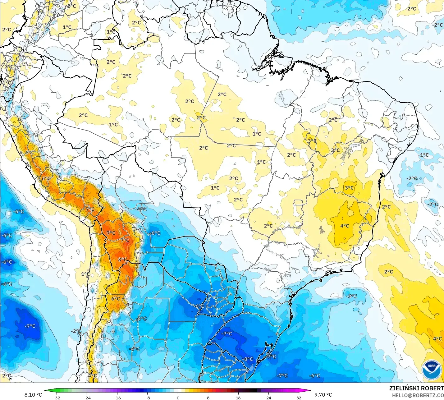 GFS model - Brazil, Anomali Suhu 850 hPa