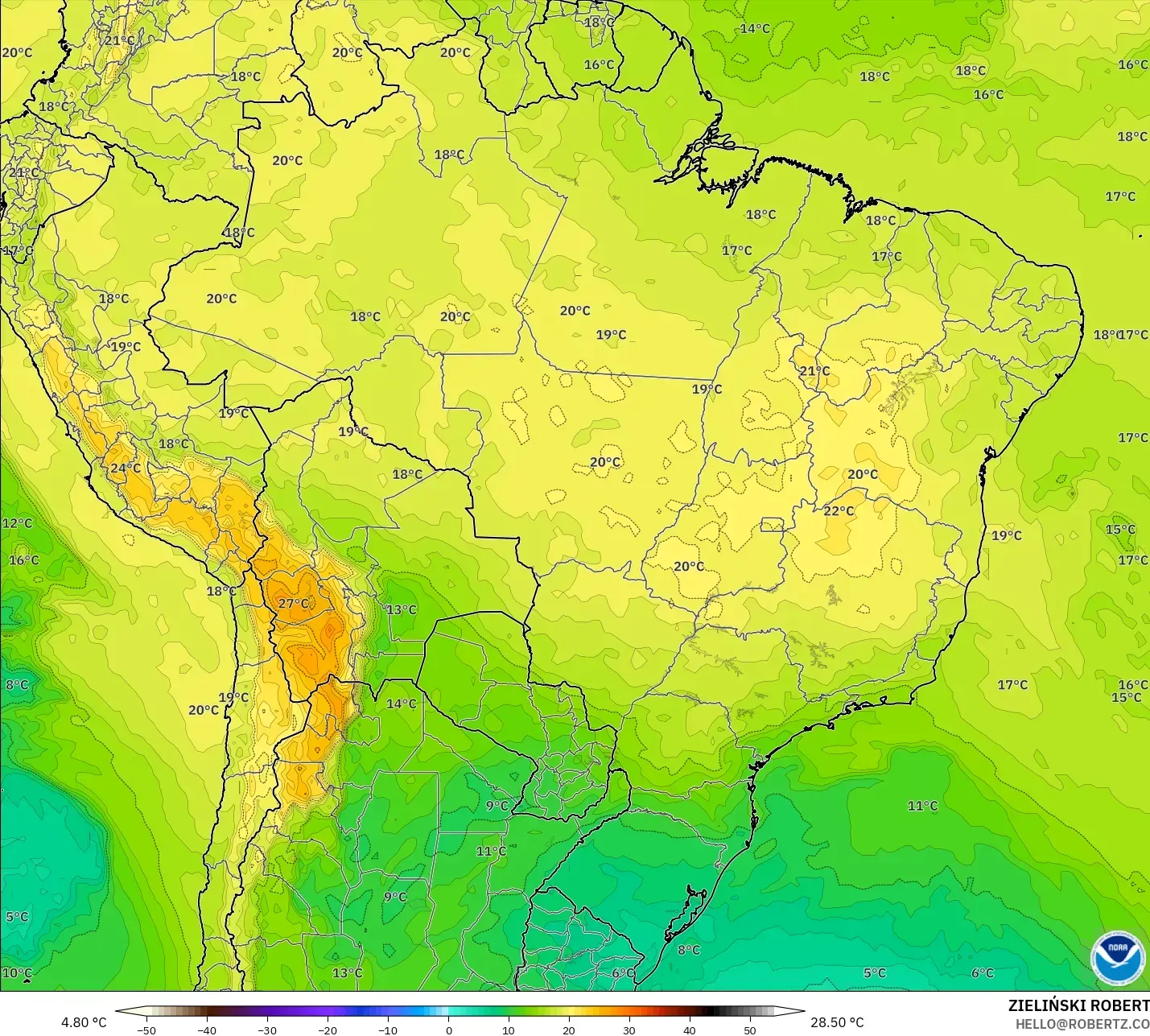 GFS model - Brazil, Suhu 850 hPa