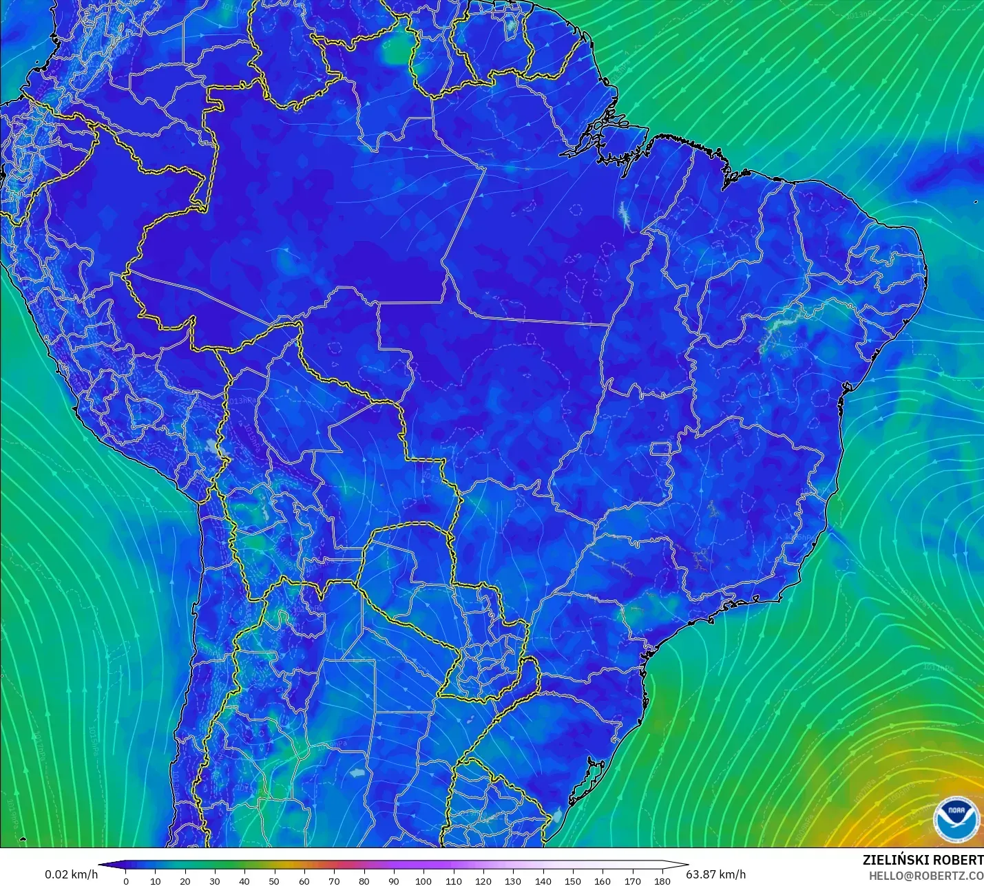 GFS modelo - Brazil, Wind at 10m