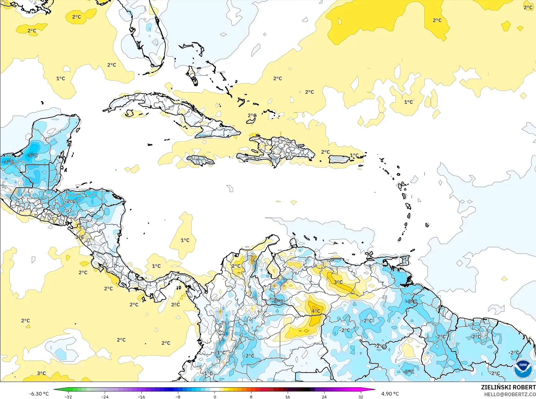 GFS model - Karibia, Anomali Suhu 2 m