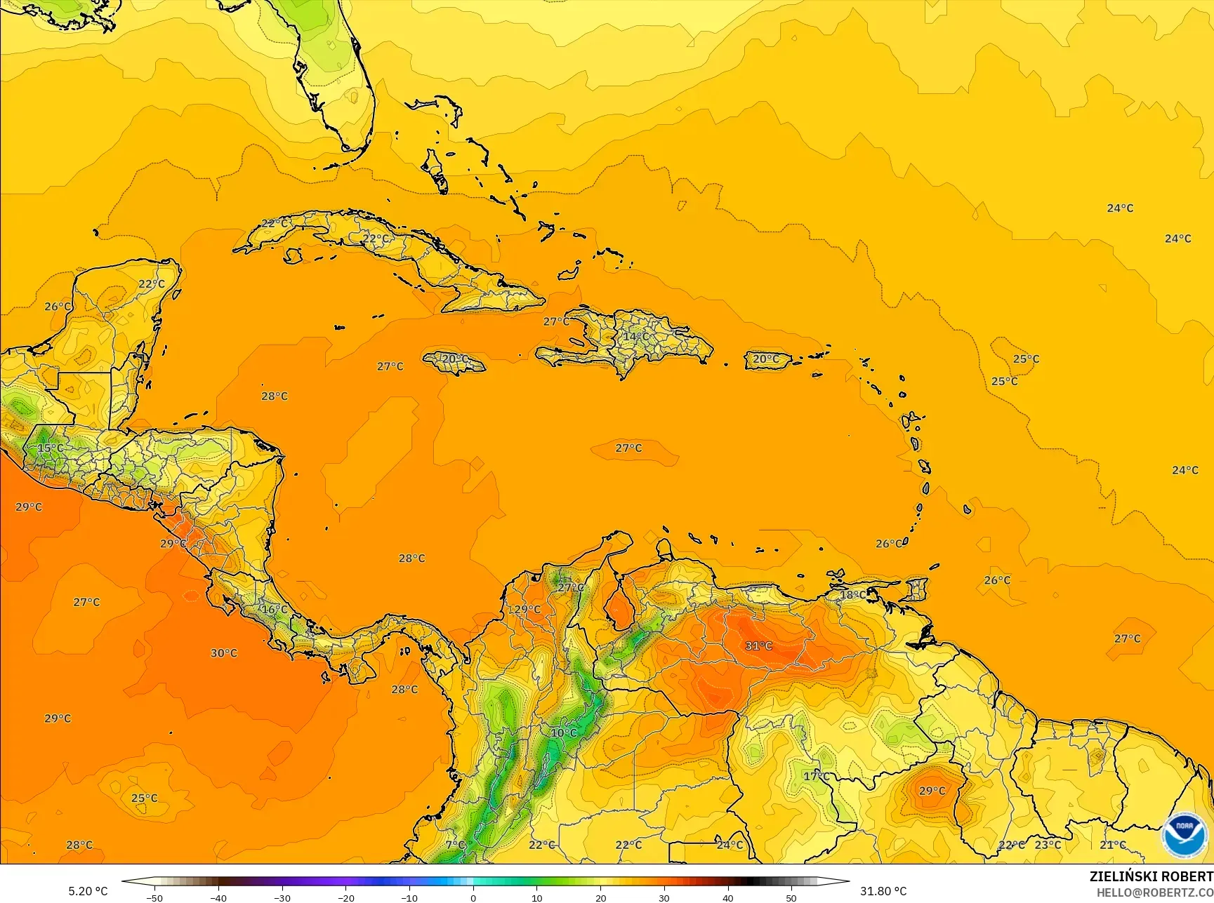 GFS model - Karibia, Suhu pada 2 m