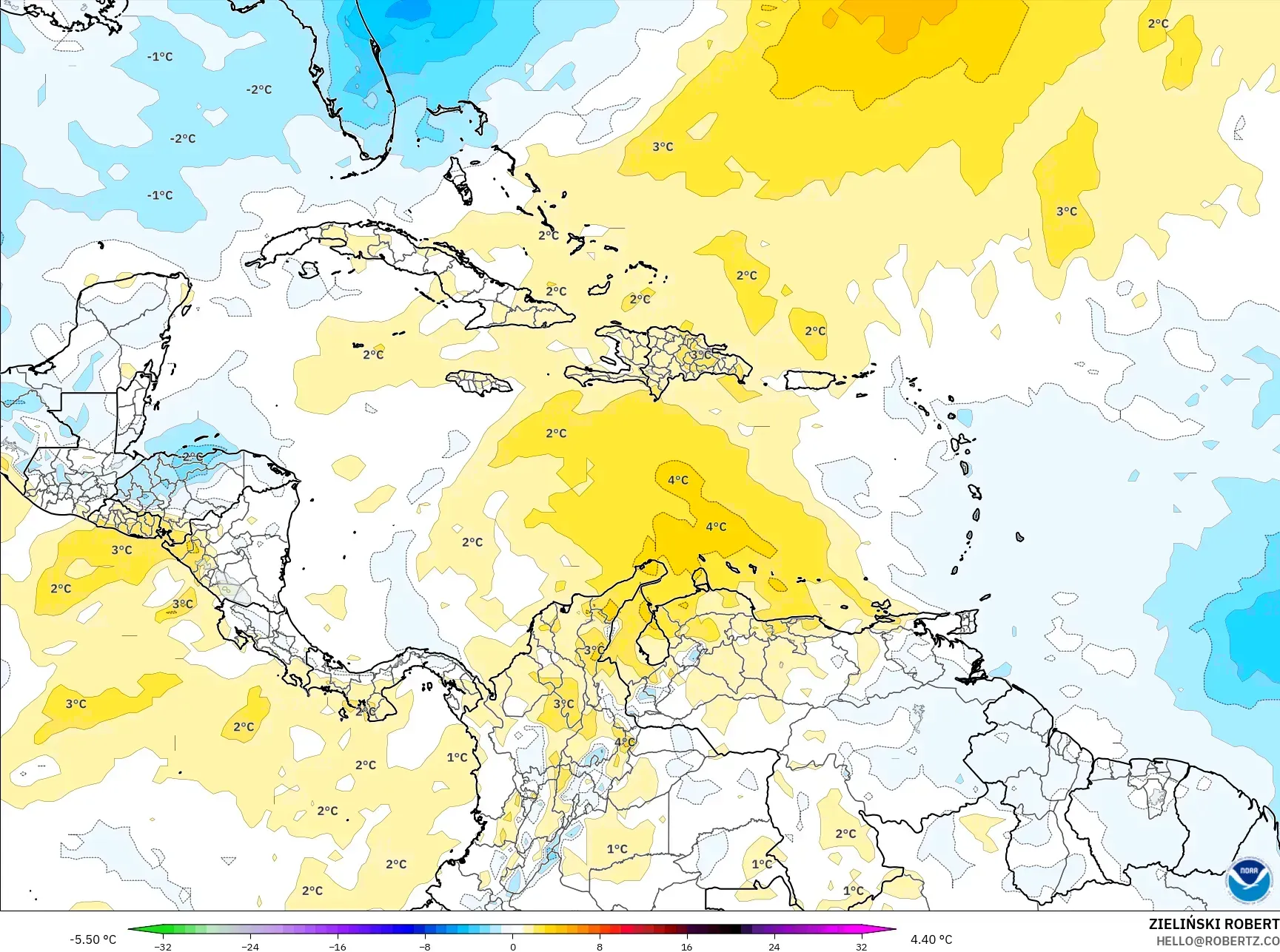 GFS model - Karibia, Anomali Suhu 850 hPa