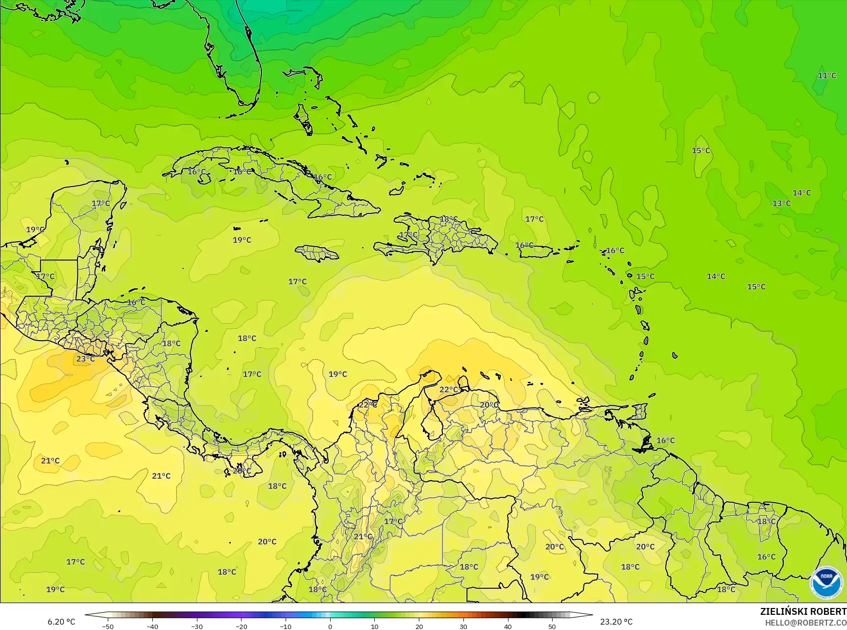 GFS model - Karibia, Suhu 850 hPa