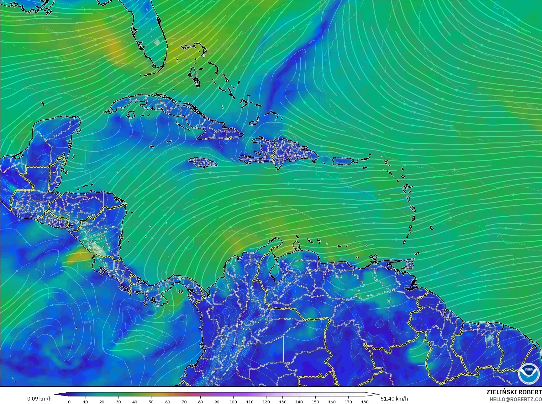 GFS model - Karibia, Angin 10 m