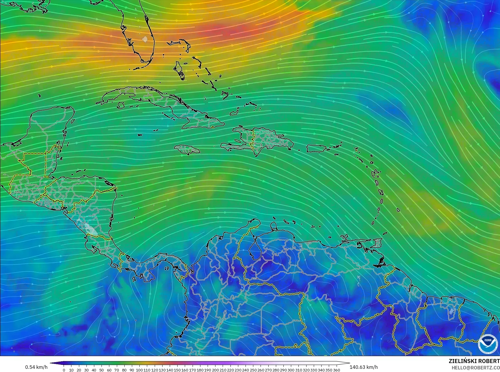 GFS model - Karibia, Angin 300 hPa (aliran jet)