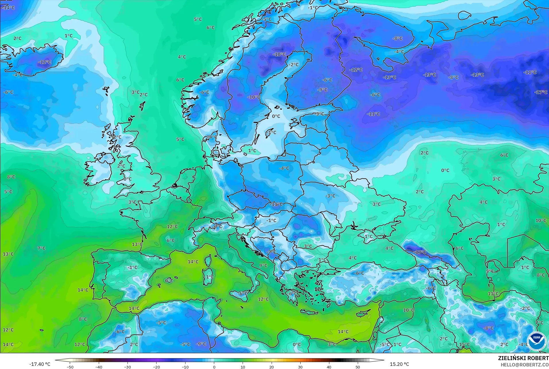 GFS model - Eropah, Takat Embun 2 m
