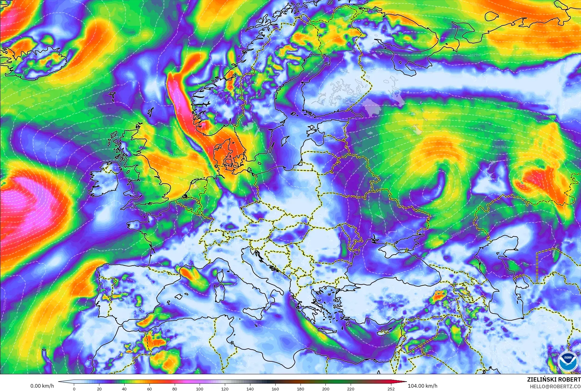 GFS model - Eropah, Hembusan Tertinggi