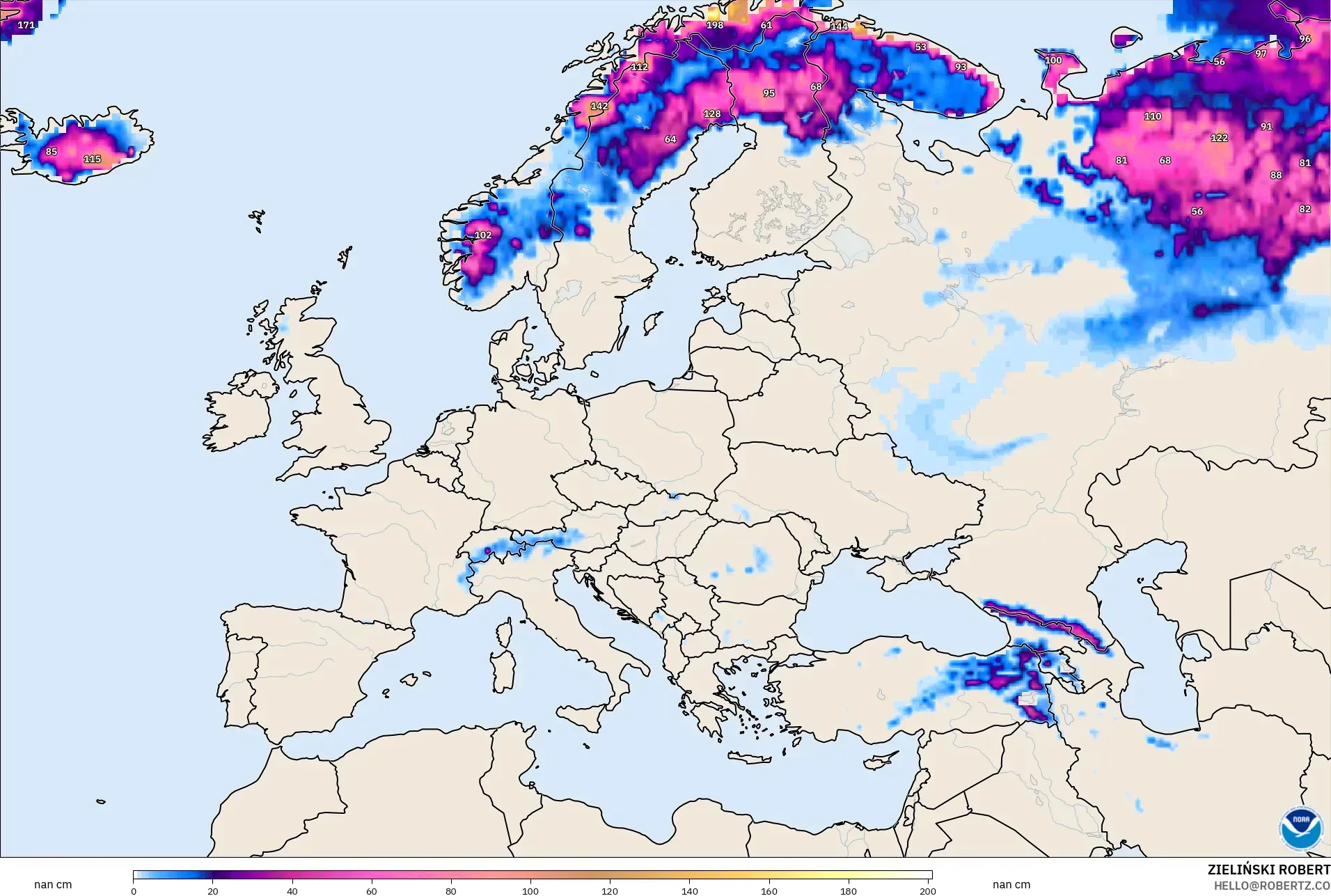 GFS model - Eropah, Ketebalan Salji