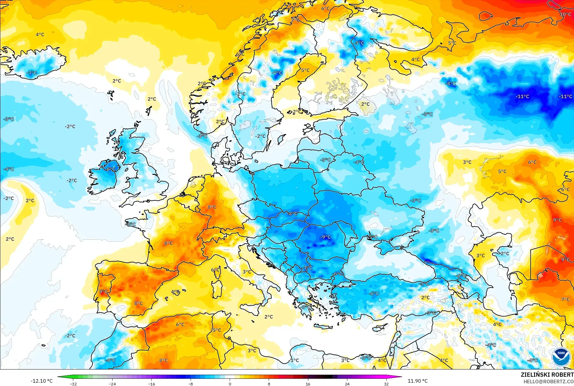 GFS modelo - Europe, Temperature at 2m Anomaly