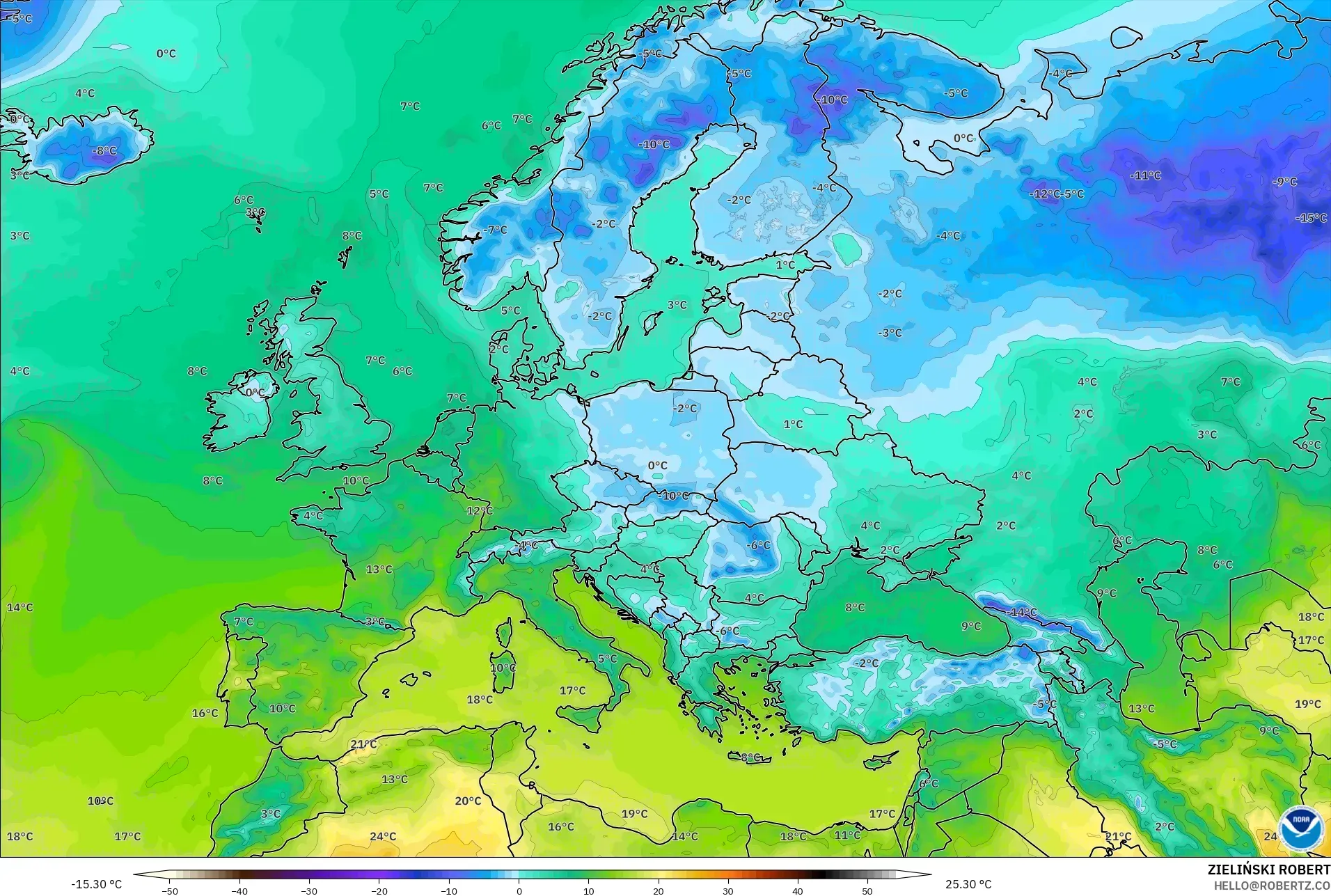 GFS model - Eropah, Suhu pada 2 m