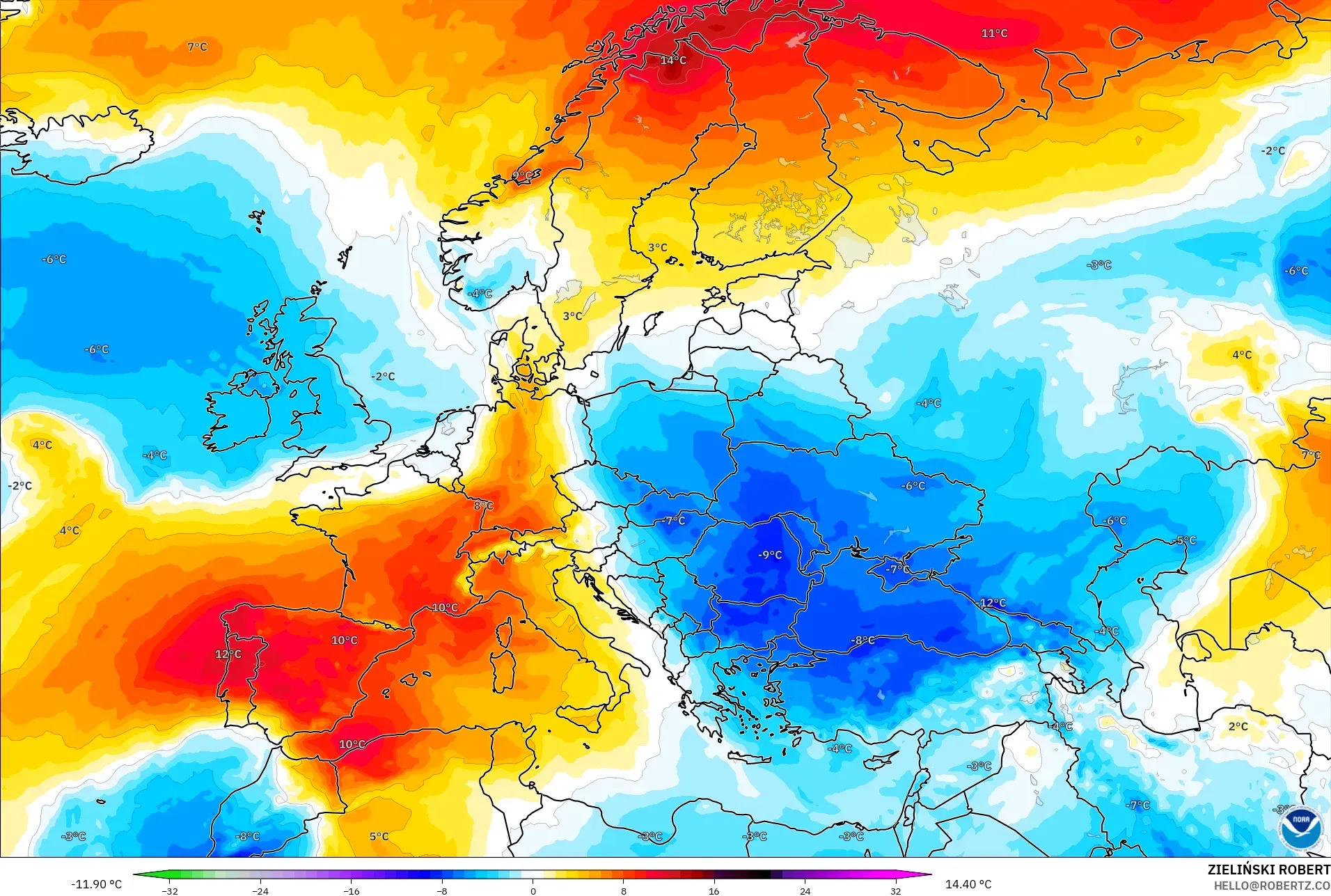 GFS model - Eropah, Anomali Suhu 850 hPa