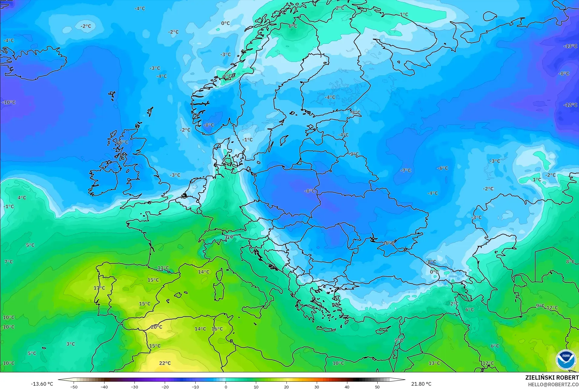 GFS model - Eropah, Suhu 850 hPa