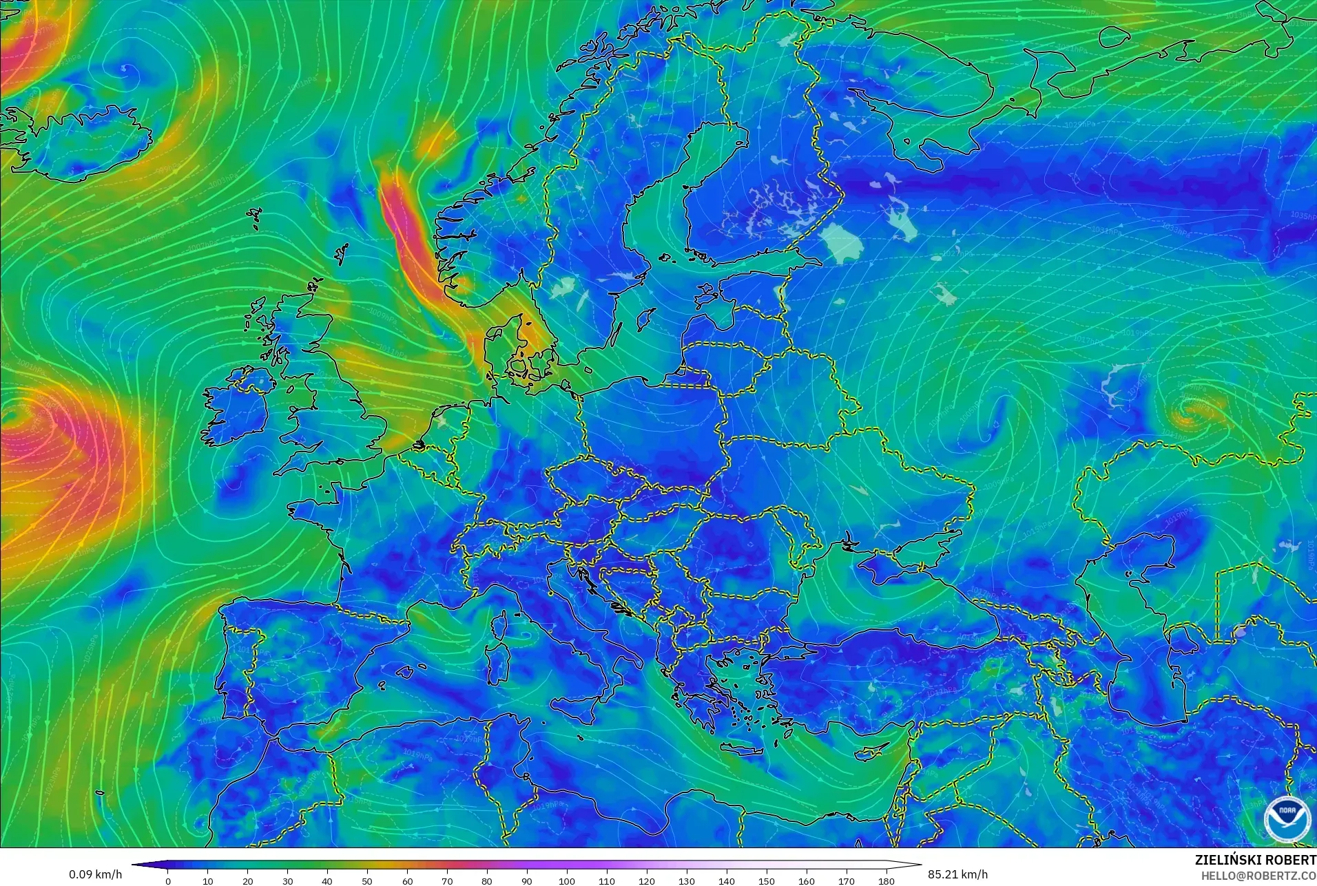 GFS model - Eropah, Angin 10 m