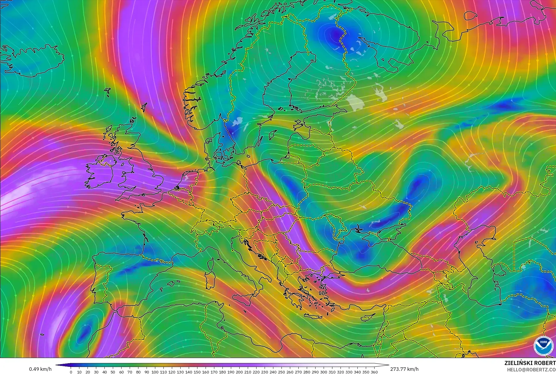GFS modelo - Europe, Wind at 300hPa (jet stream)