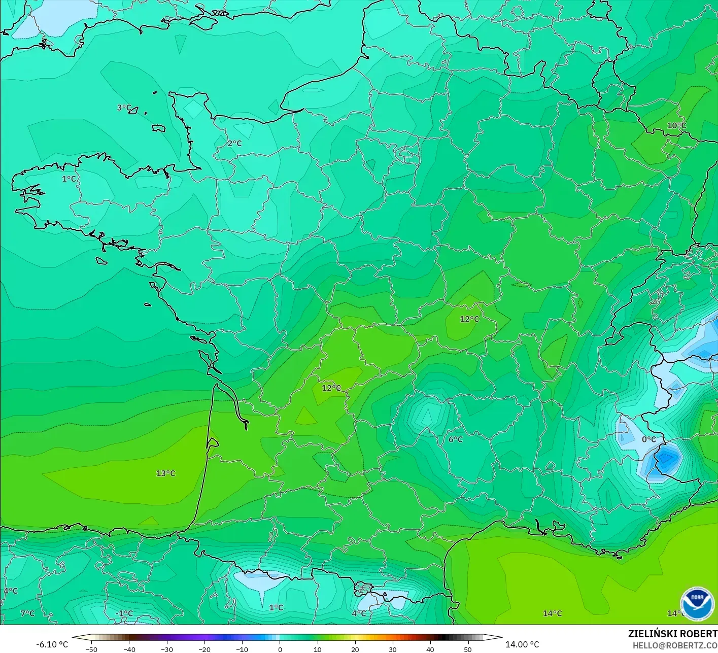 GFS model - Perancis, Takat Embun 2 m