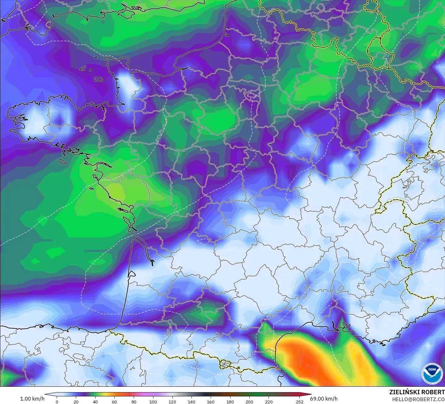 GFS model - Perancis, Hembusan Tertinggi