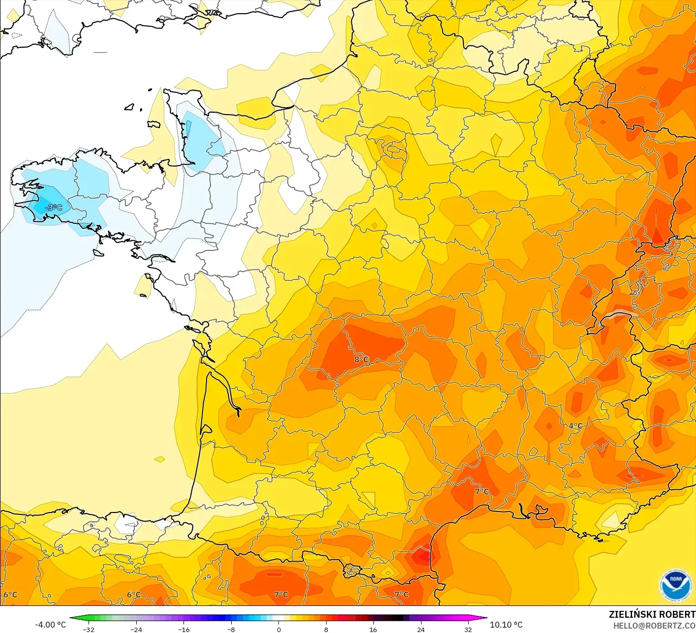 GFS model - Perancis, Anomali Suhu 2 m