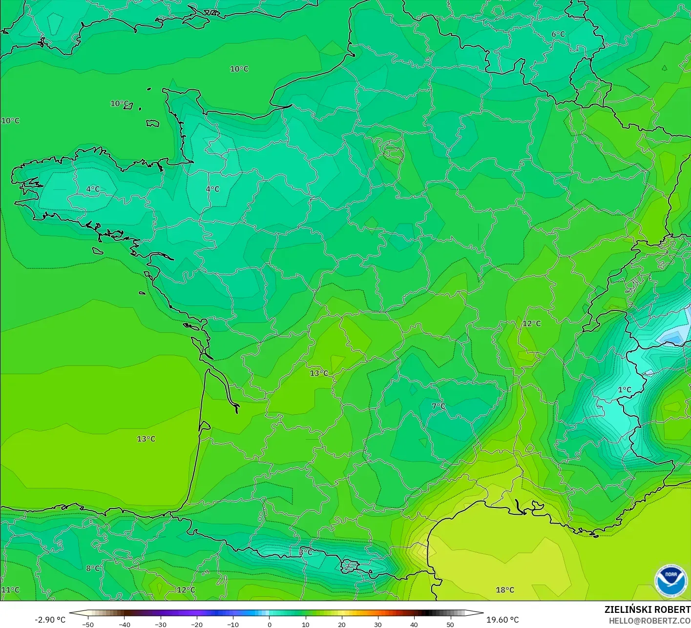 GFS model - Perancis, Suhu pada 2 m