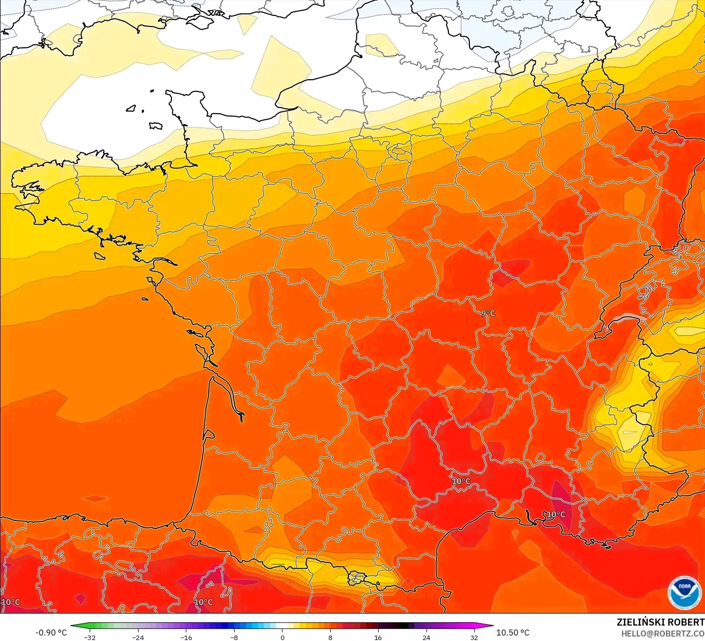 GFS model - Perancis, Anomali Suhu 850 hPa