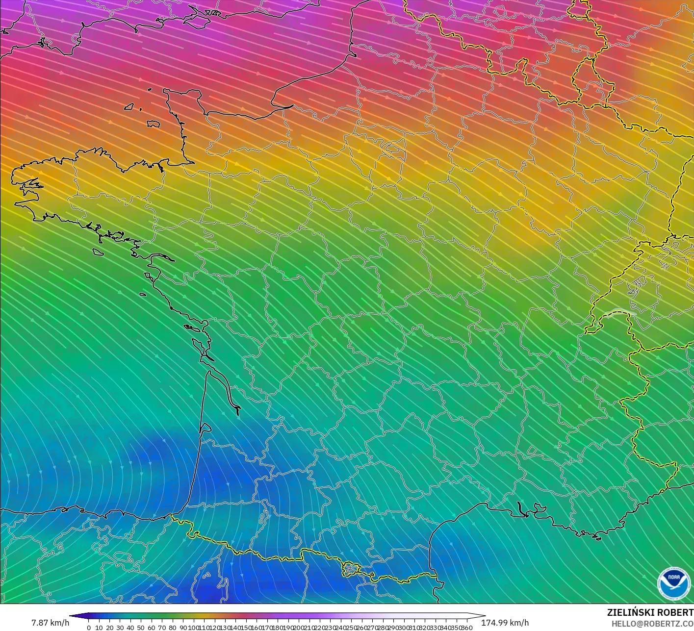 GFS model - Perancis, Angin 300 hPa (aliran jet)