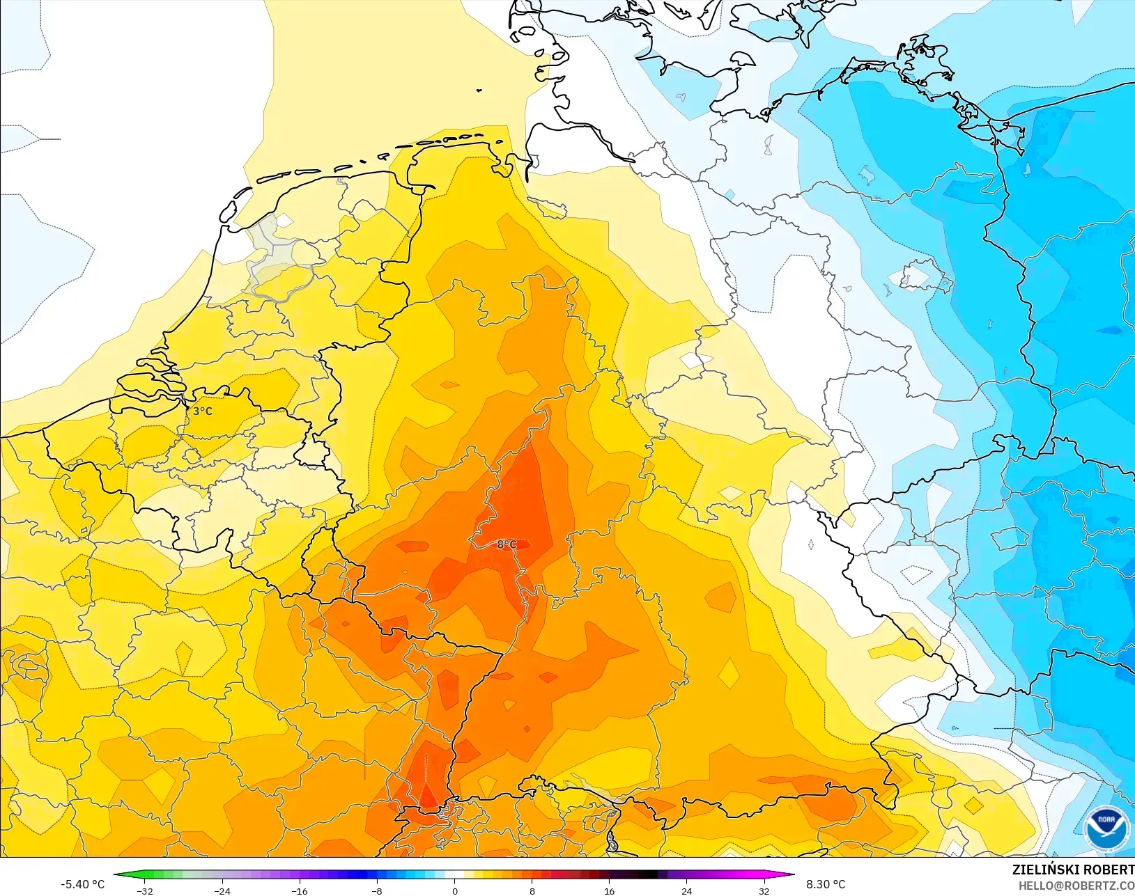 GFS model - Jerman, Anomali Suhu 2 m