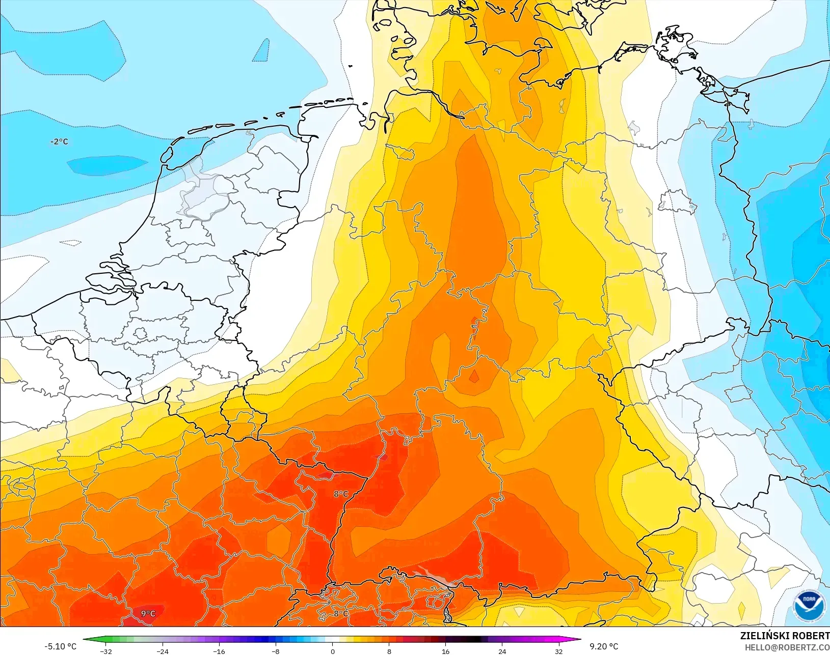 GFS model - Jerman, Anomali Suhu 850 hPa