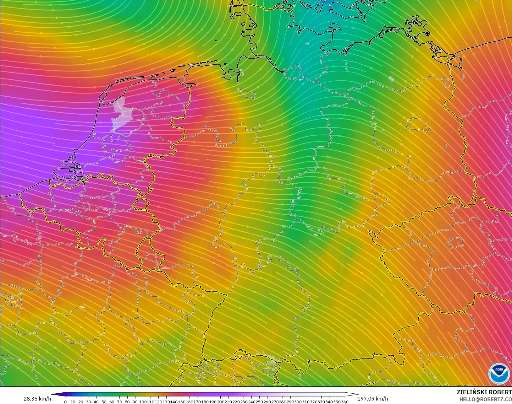 GFS model - Jerman, Angin 300 hPa (aliran jet)