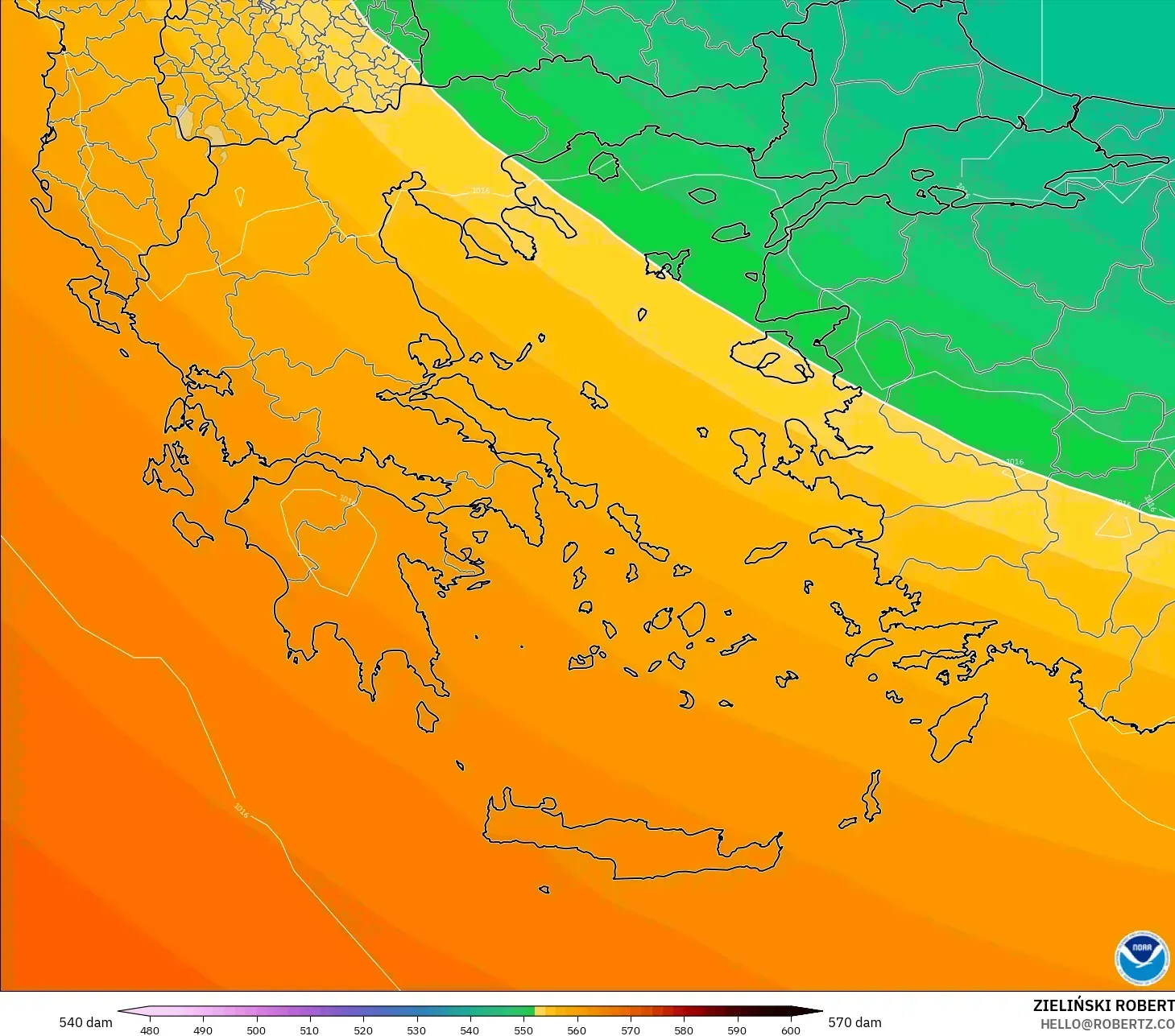 GFS modelo - Greece, Geopotential height at 500hPa