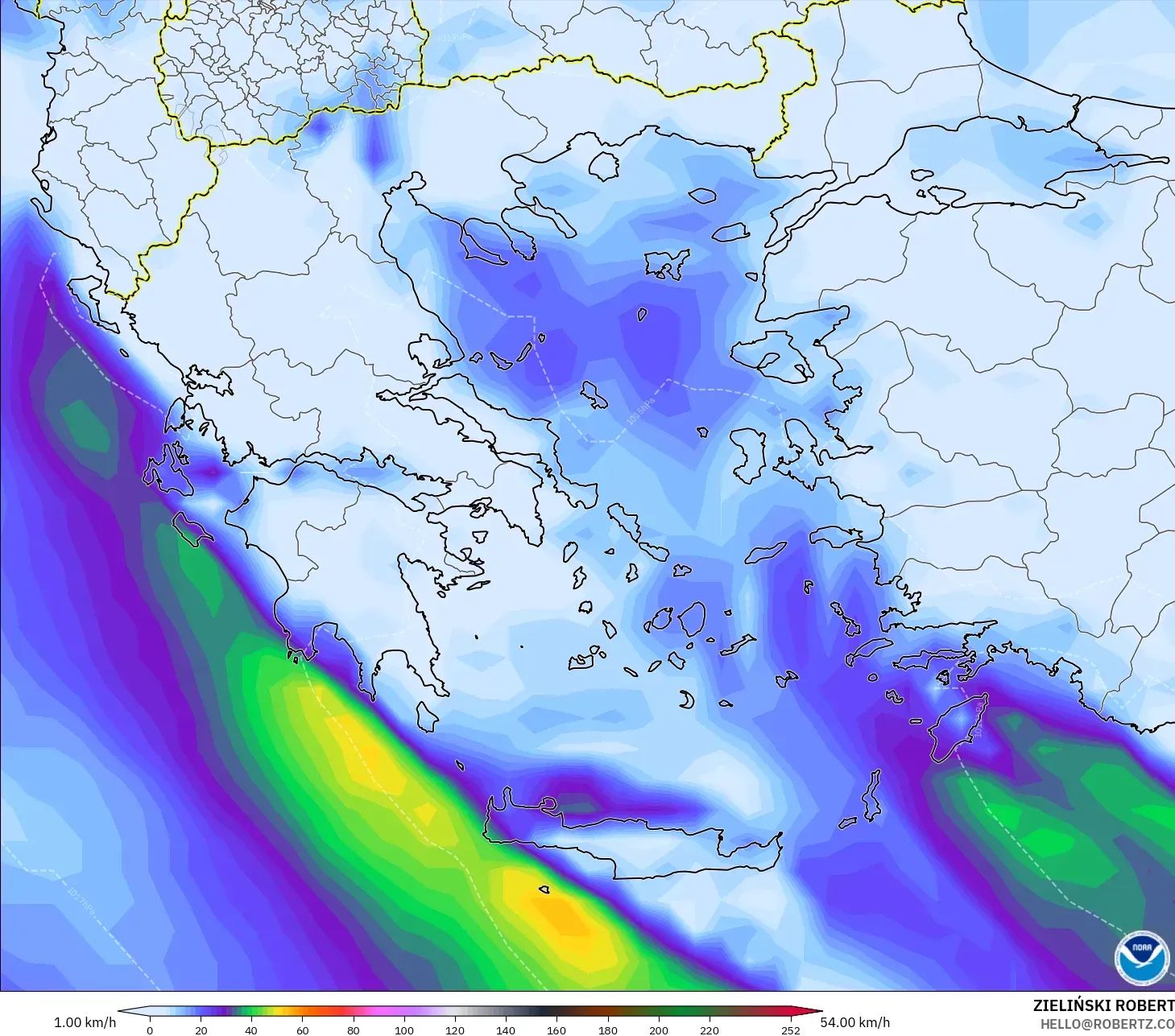GFS model - Yunani, Hembusan Angin