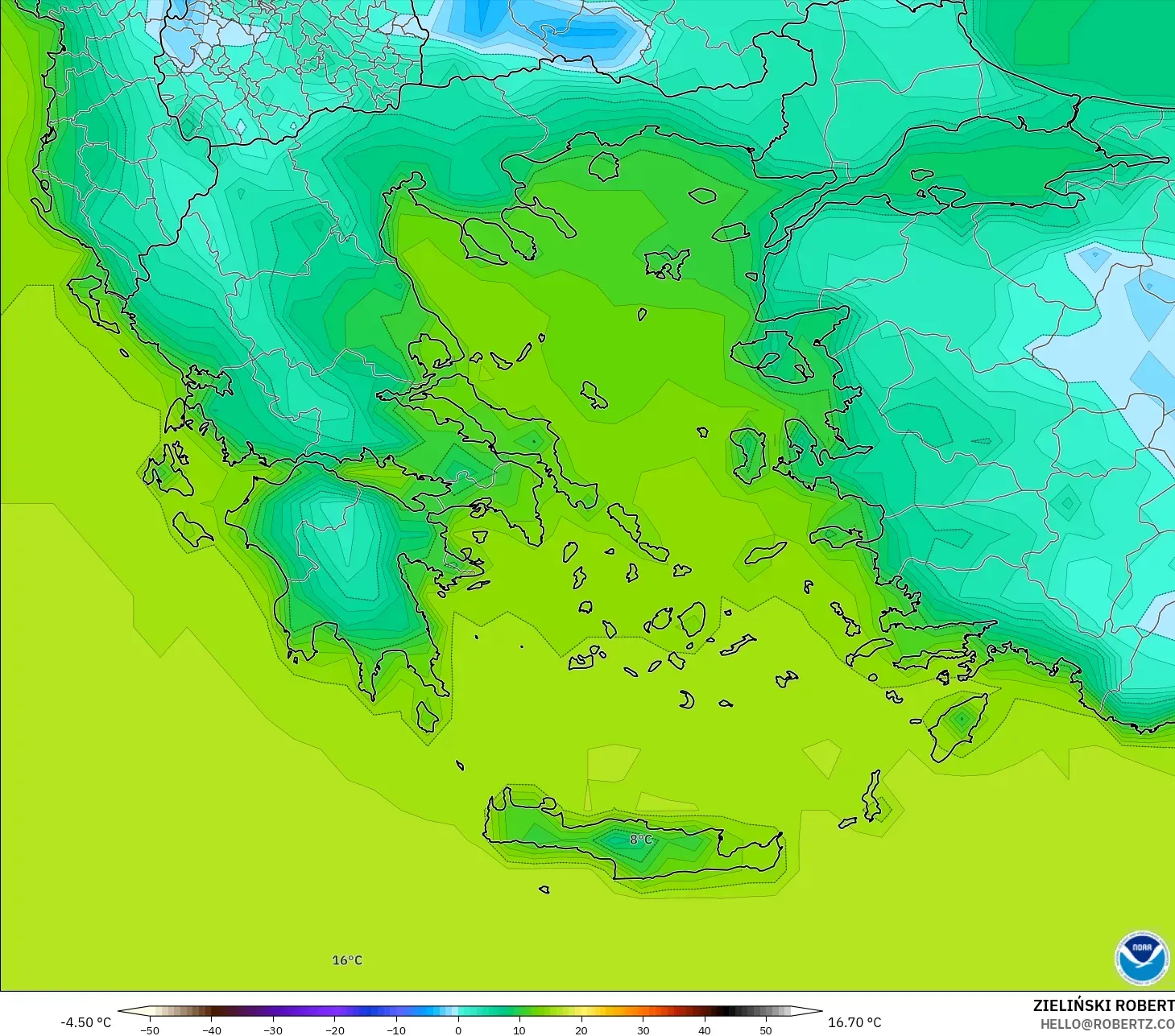 GFS model - Yunani, Suhu pada 2 m