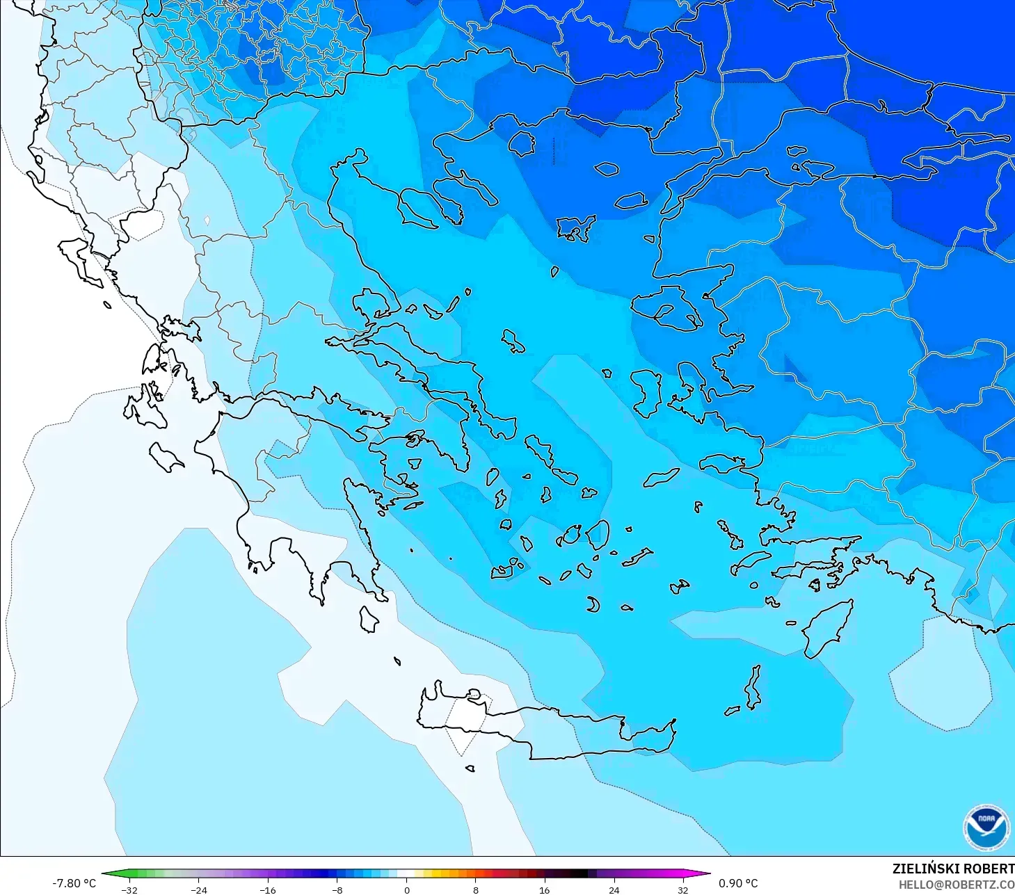 GFS modelo - Greece, Temperature at 850hPa Anomaly