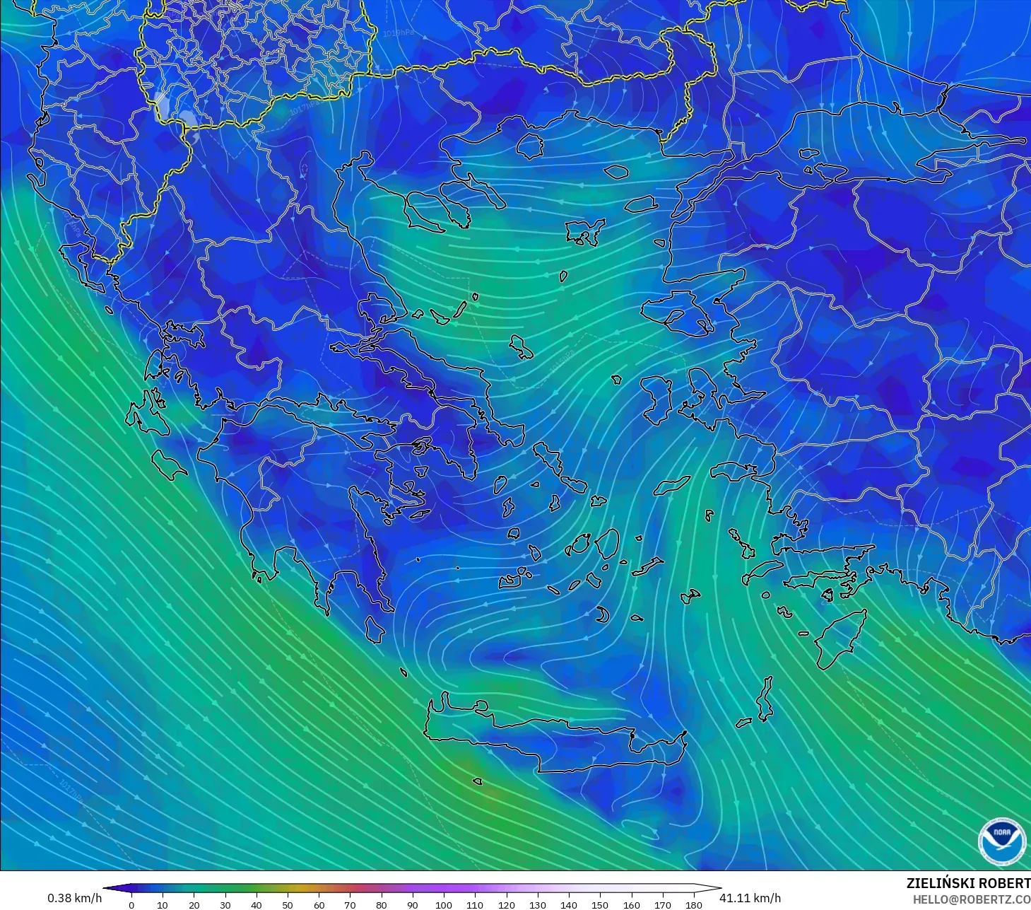 GFS modelo - Greece, Wind at 10m