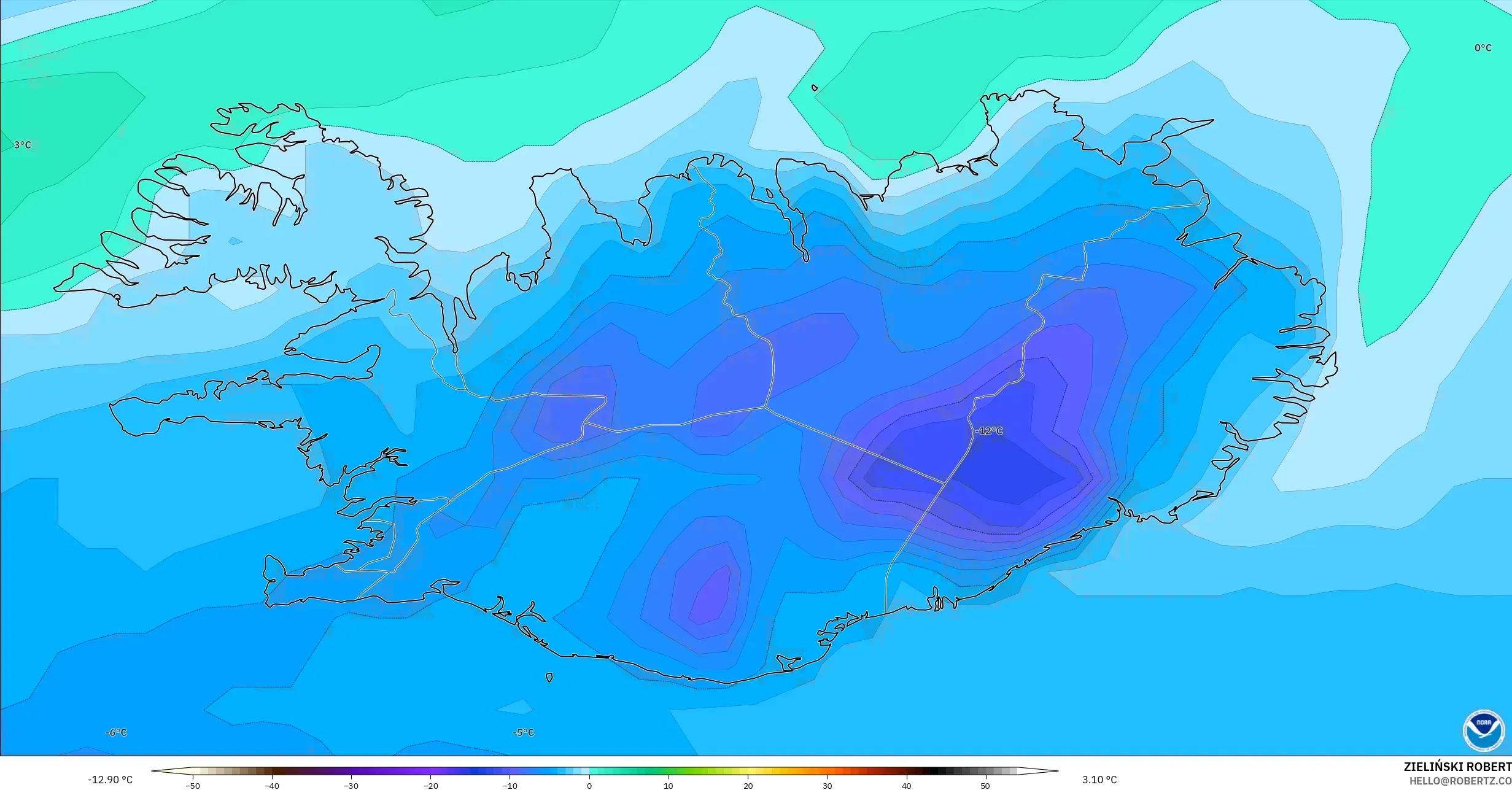 GFS model - Iceland, Takat Embun 2 m