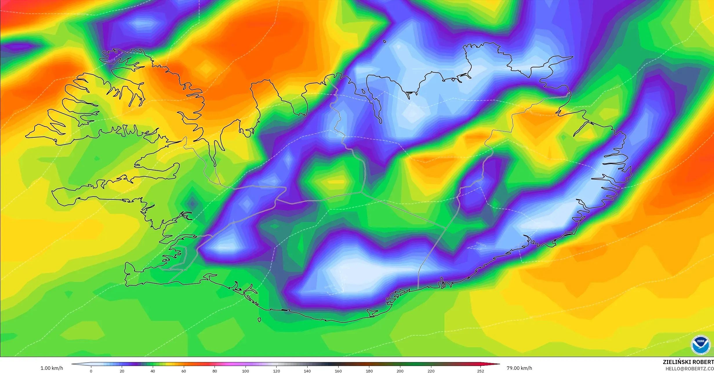 GFS model - Iceland, Hembusan Tertinggi