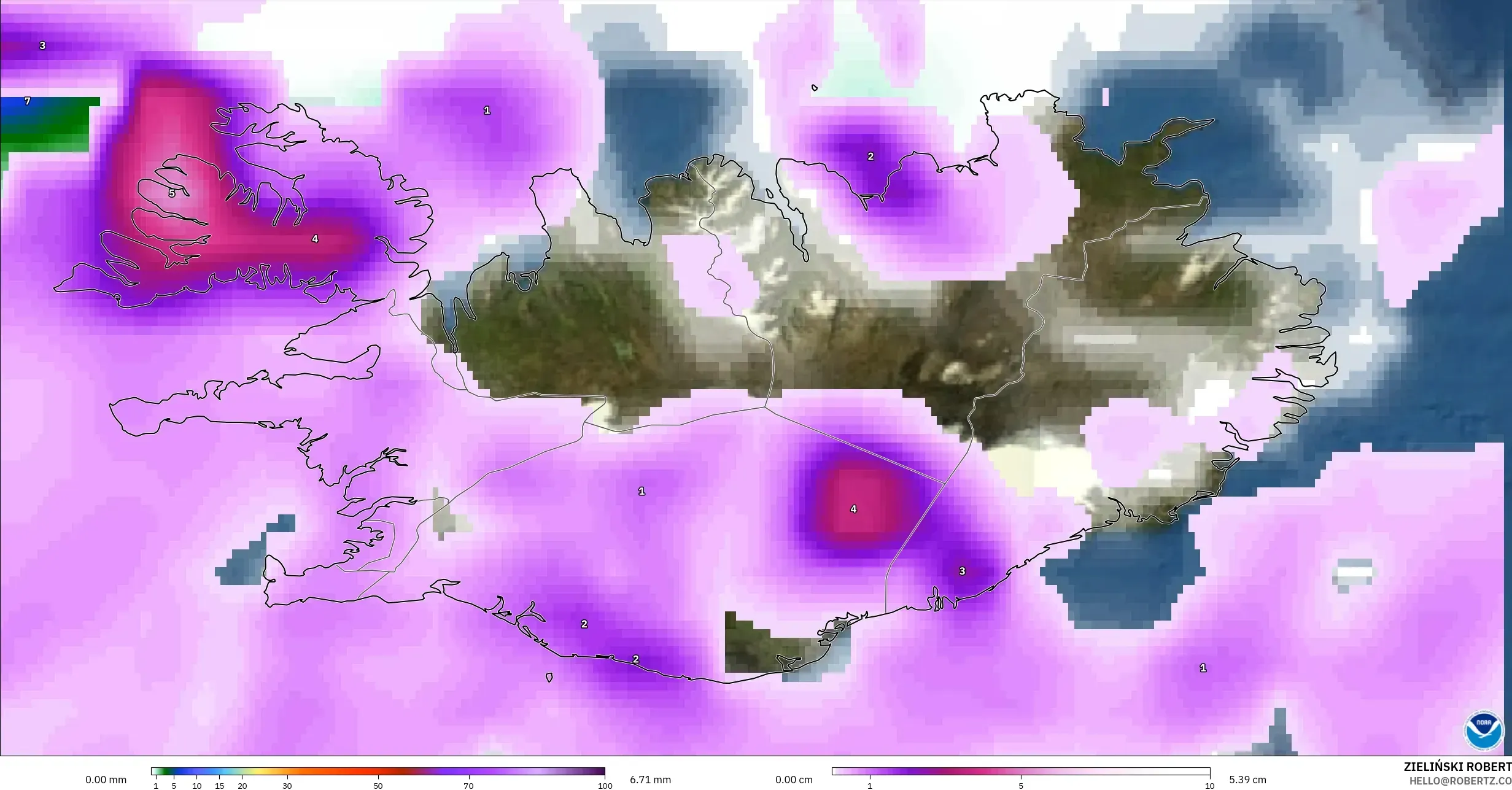 GFS modelo - Iceland, Precipitation, Clouds, and Pressure