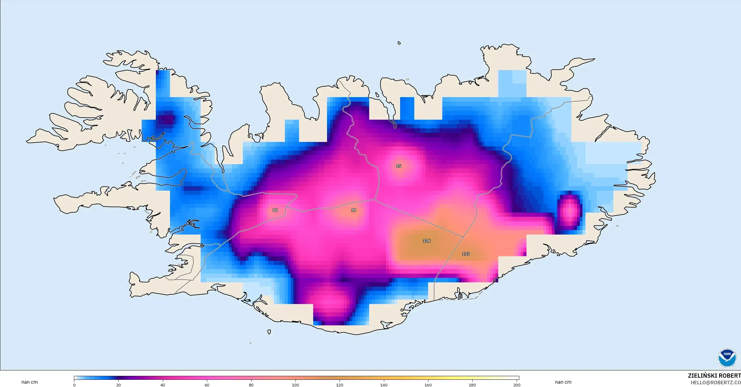 GFS model - Iceland, Ketebalan Salji