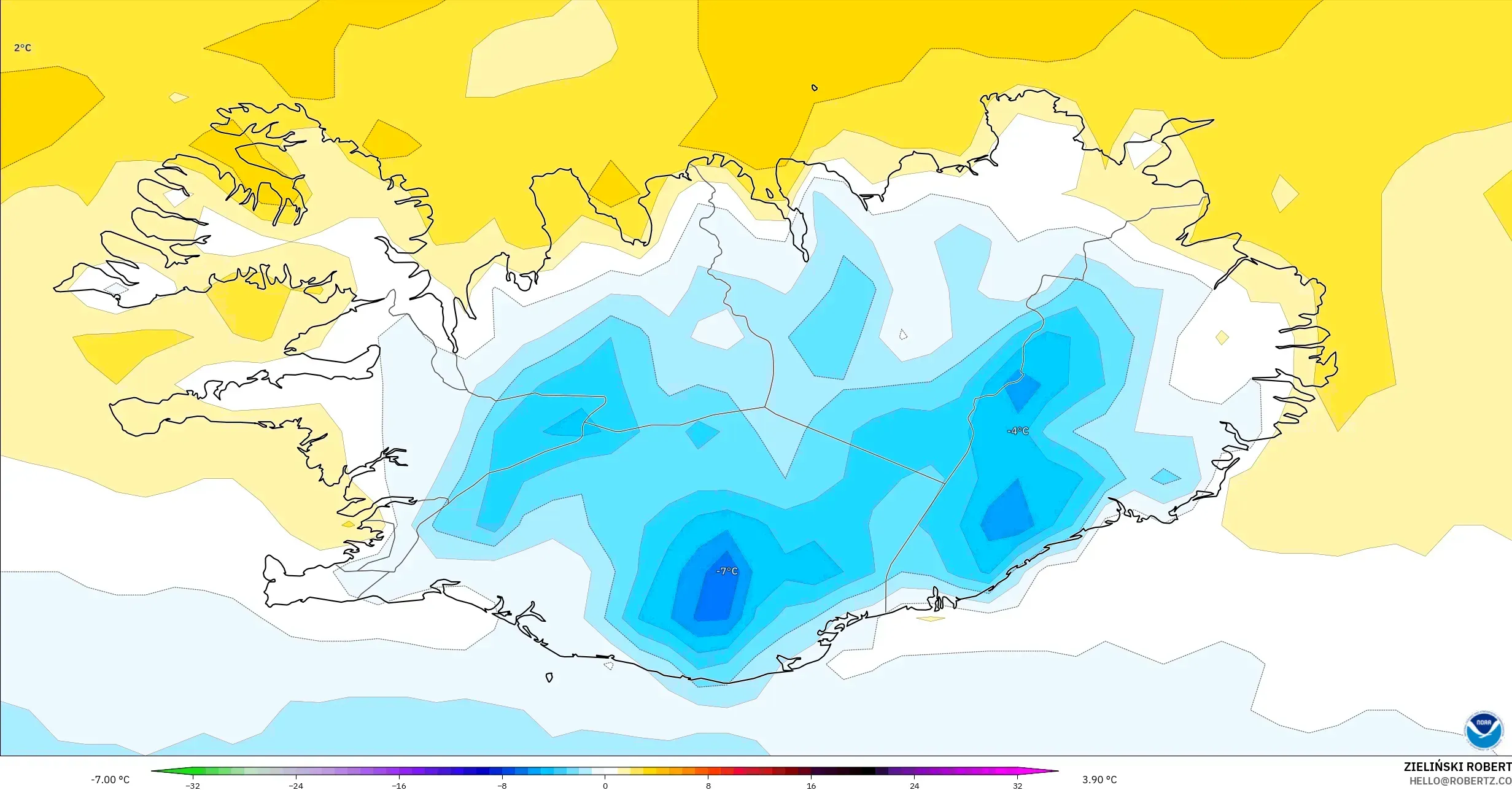 GFS model - Iceland, Anomali Suhu 2 m