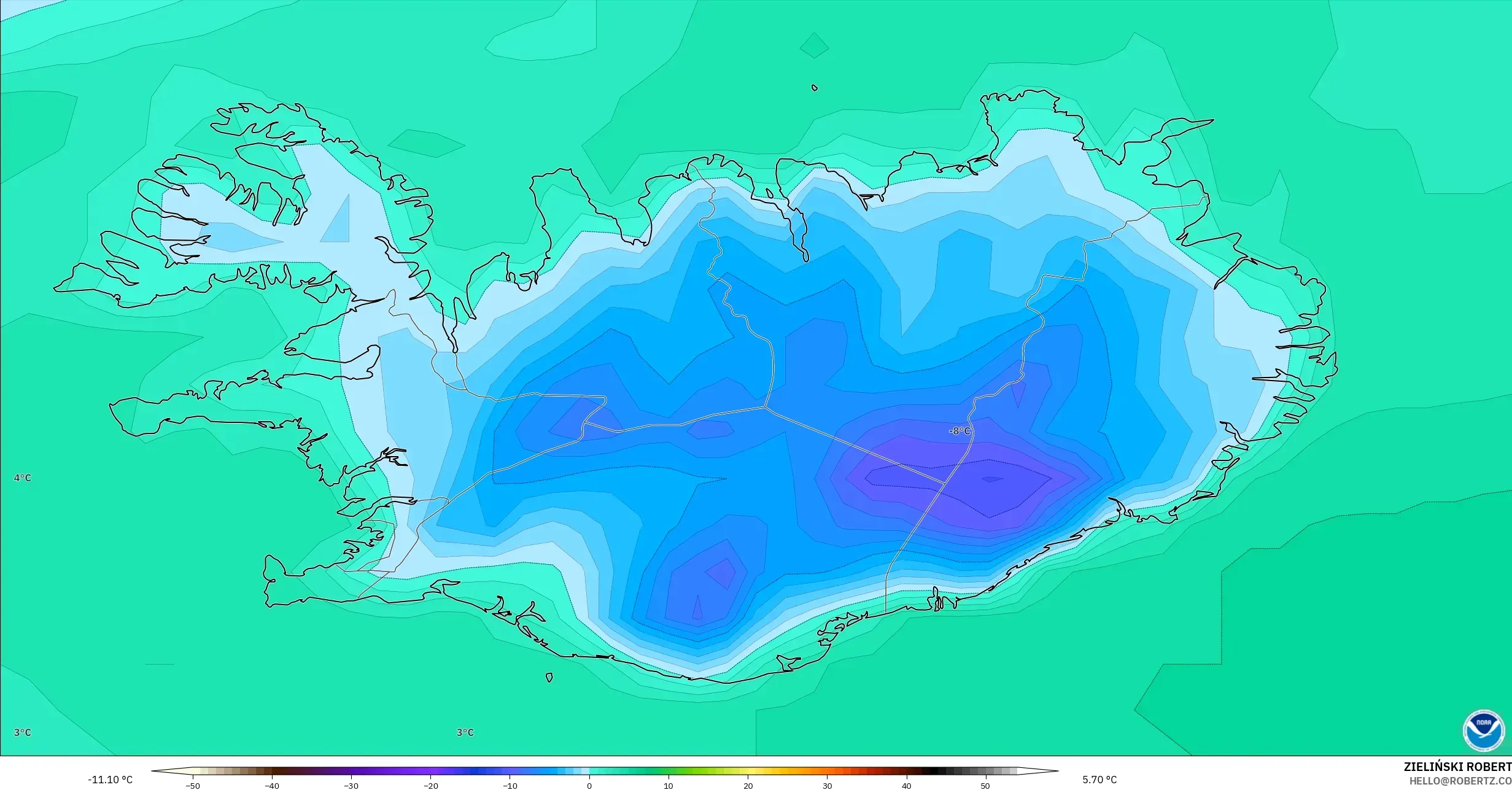 GFS model - Iceland, Suhu pada 2 m