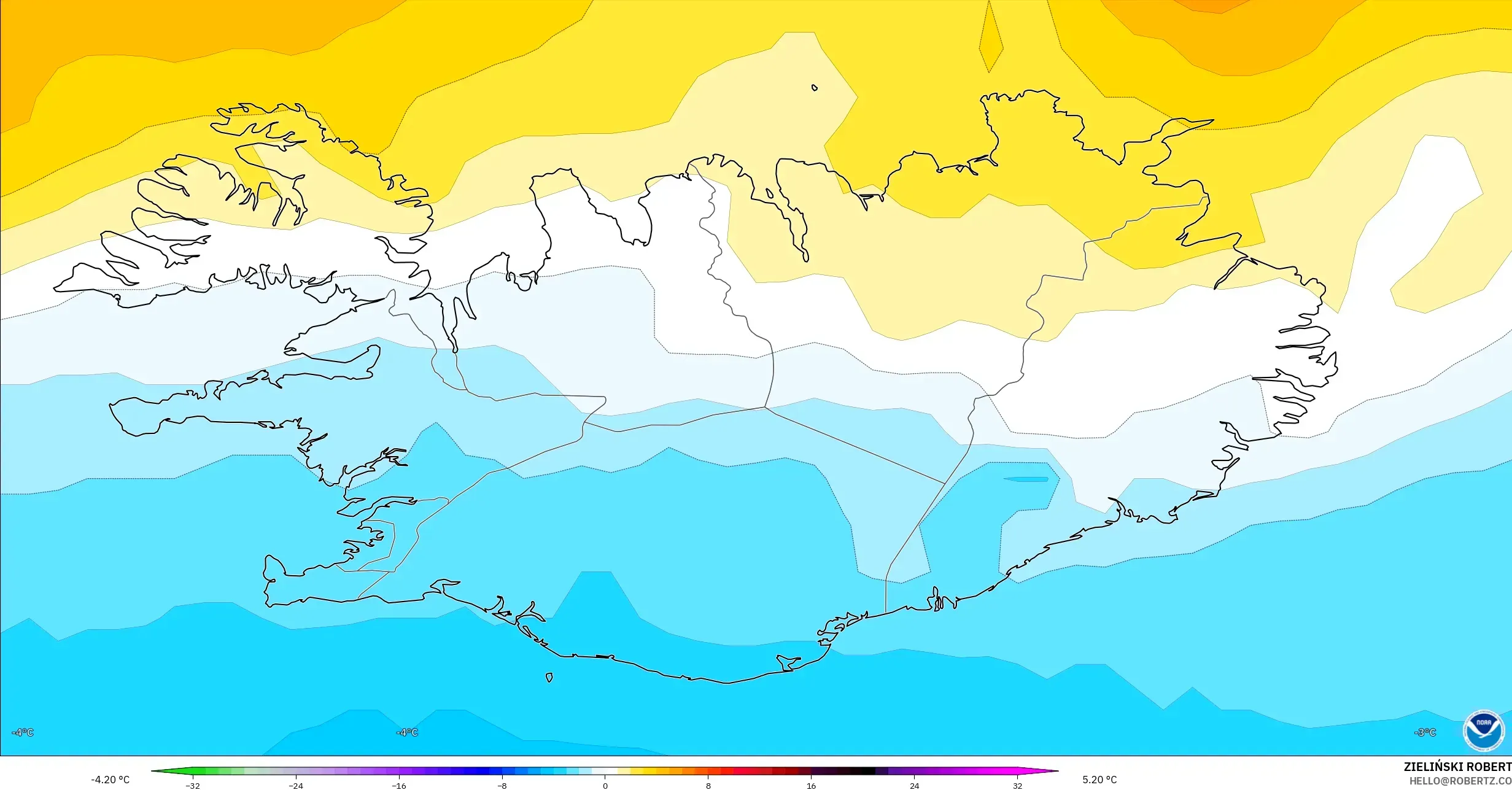GFS model - Iceland, Anomali Suhu 850 hPa