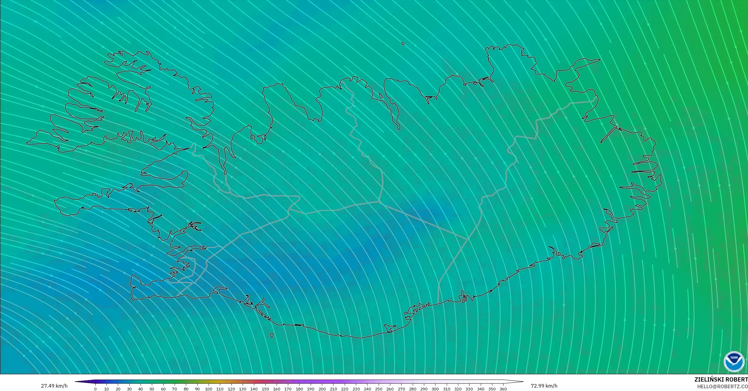 GFS model - Iceland, Angin 300 hPa (aliran jet)