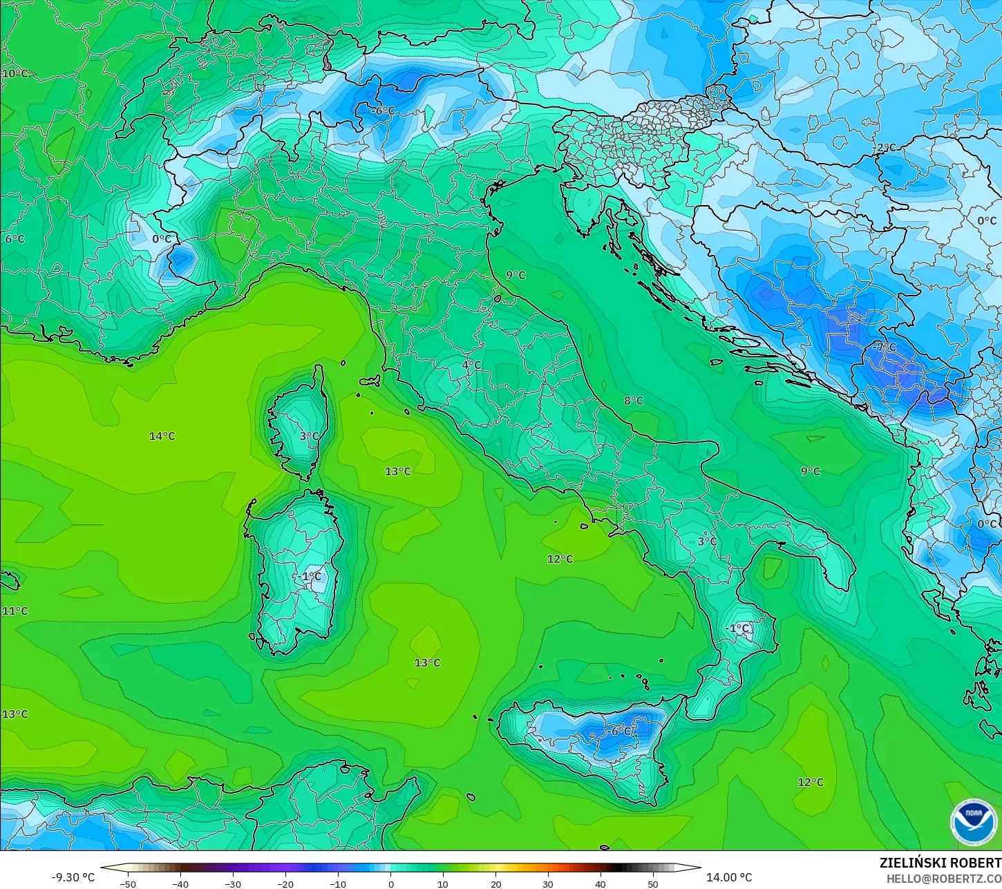 GFS model - Itali, Takat Embun 2 m