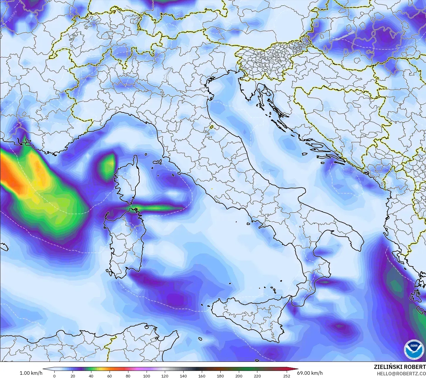 GFS model - Itali, Hembusan Tertinggi