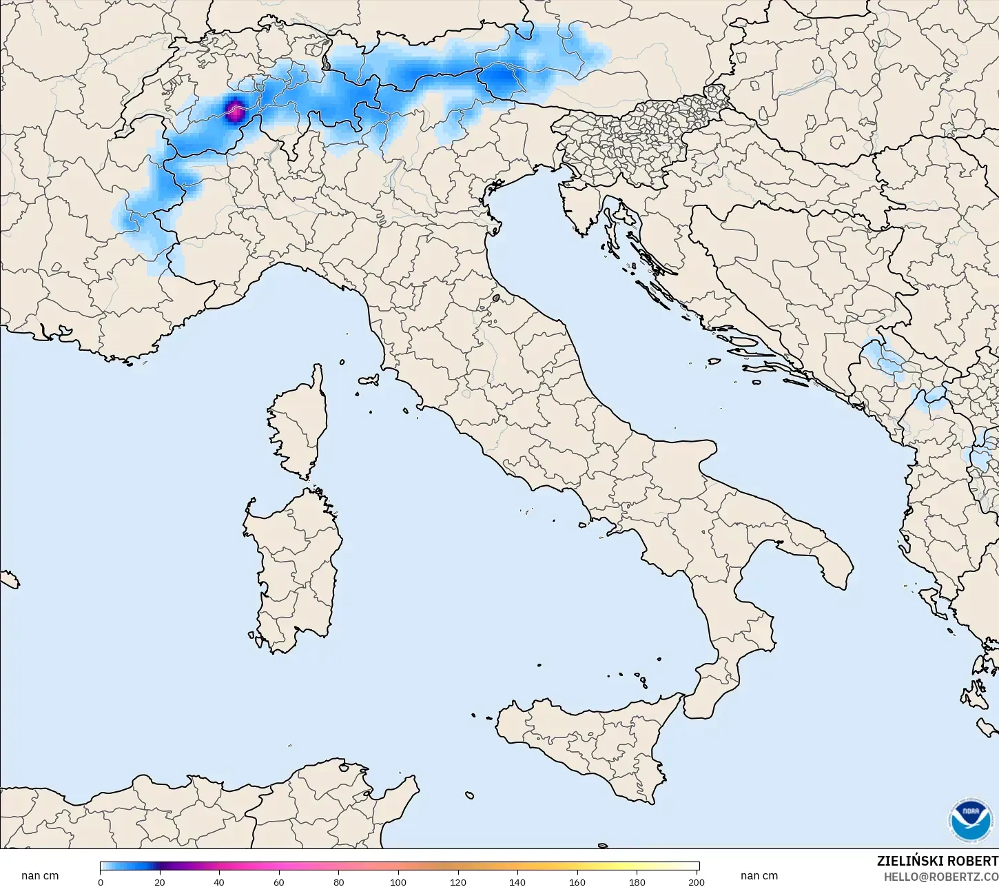 GFS model - Itali, Ketebalan Salji