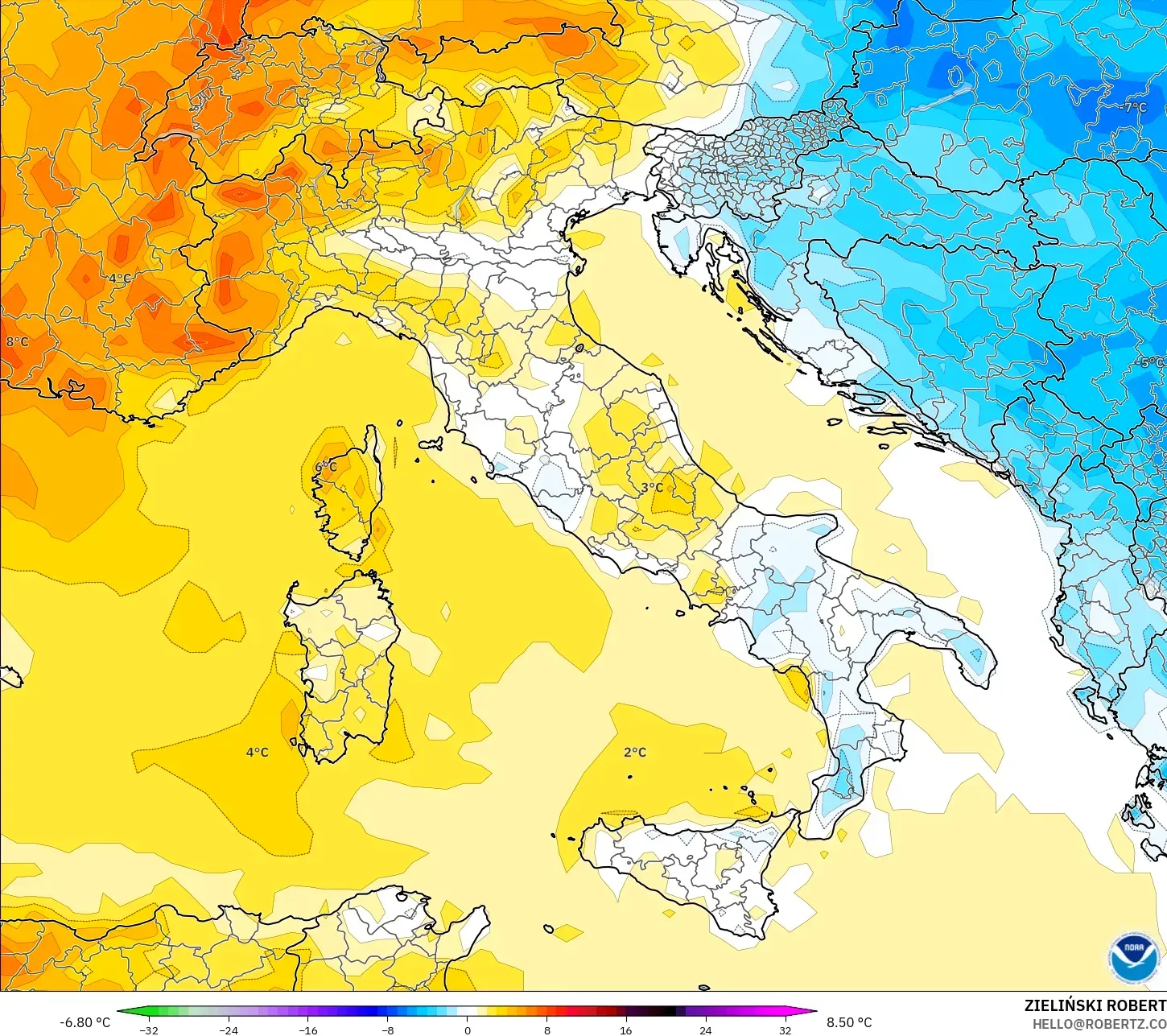 GFS model - Itali, Anomali Suhu 2 m