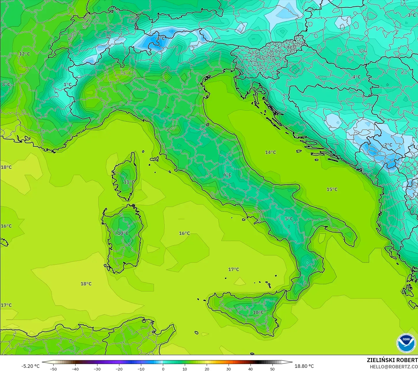 GFS model - Itali, Suhu pada 2 m